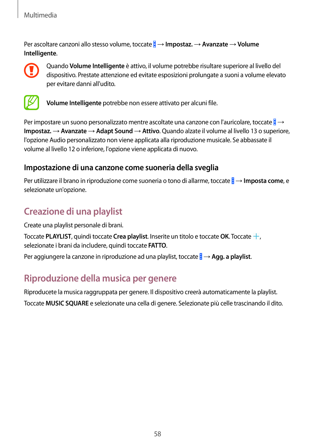 Samsung SM-T360NNGAITV manual Creazione di una playlist, Riproduzione della musica per genere 