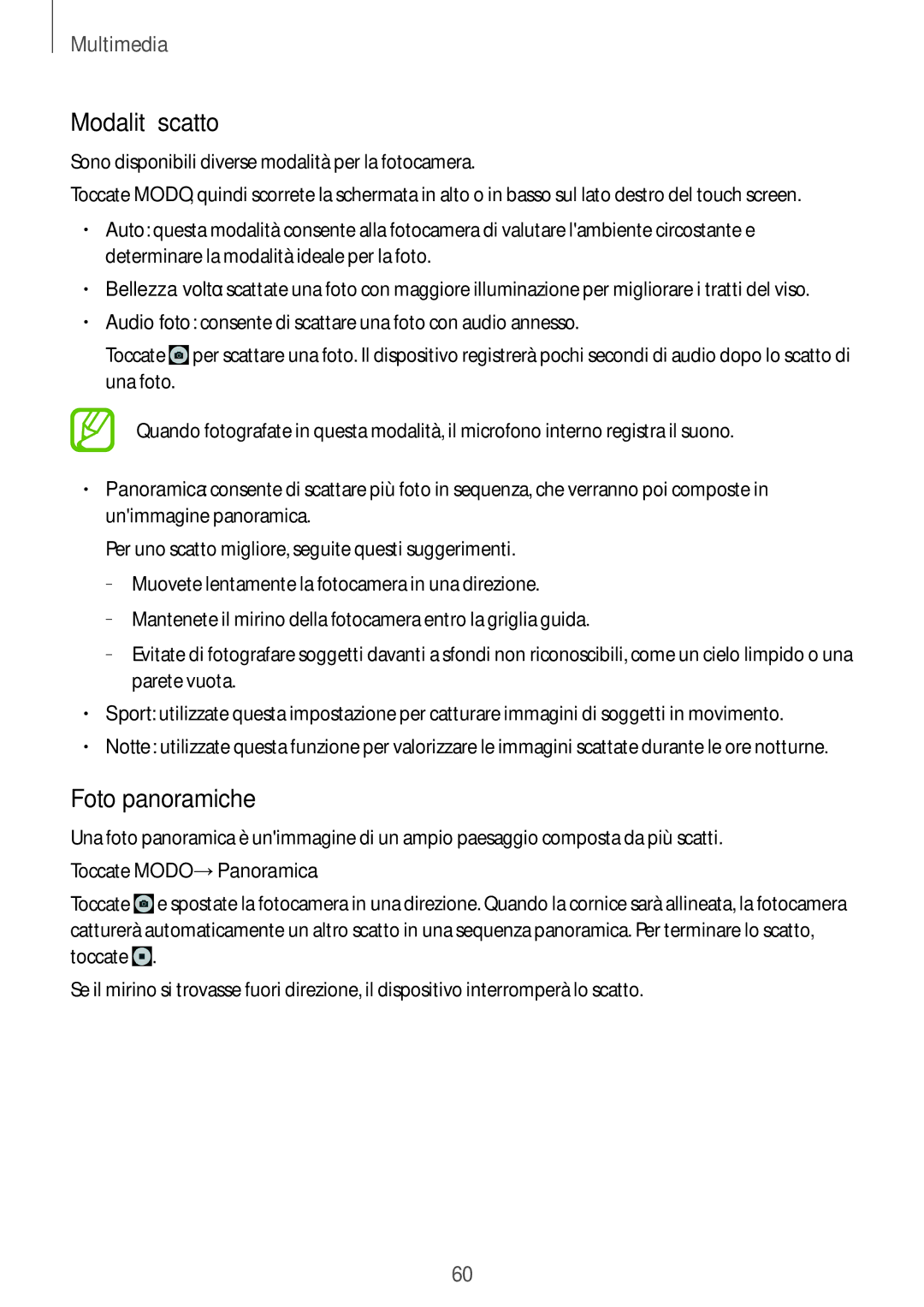 Samsung SM-T360NNGAITV manual Modalità scatto, Foto panoramiche 