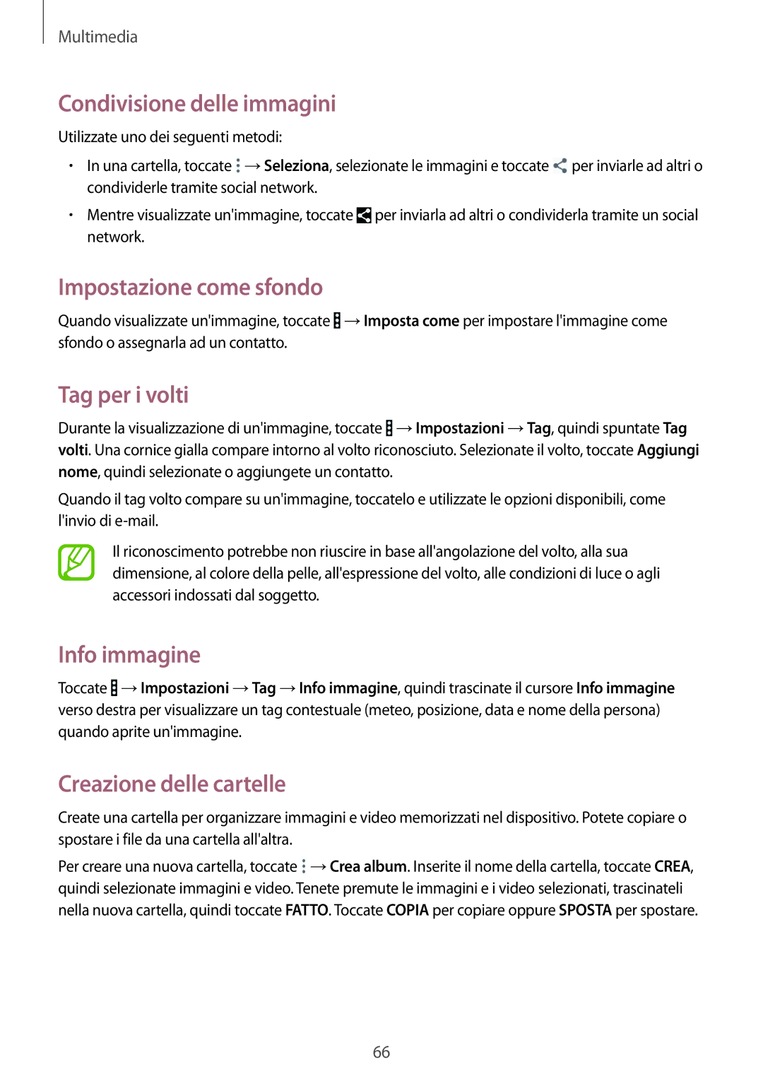 Samsung SM-T360NNGAITV manual Condivisione delle immagini, Impostazione come sfondo, Tag per i volti, Info immagine 