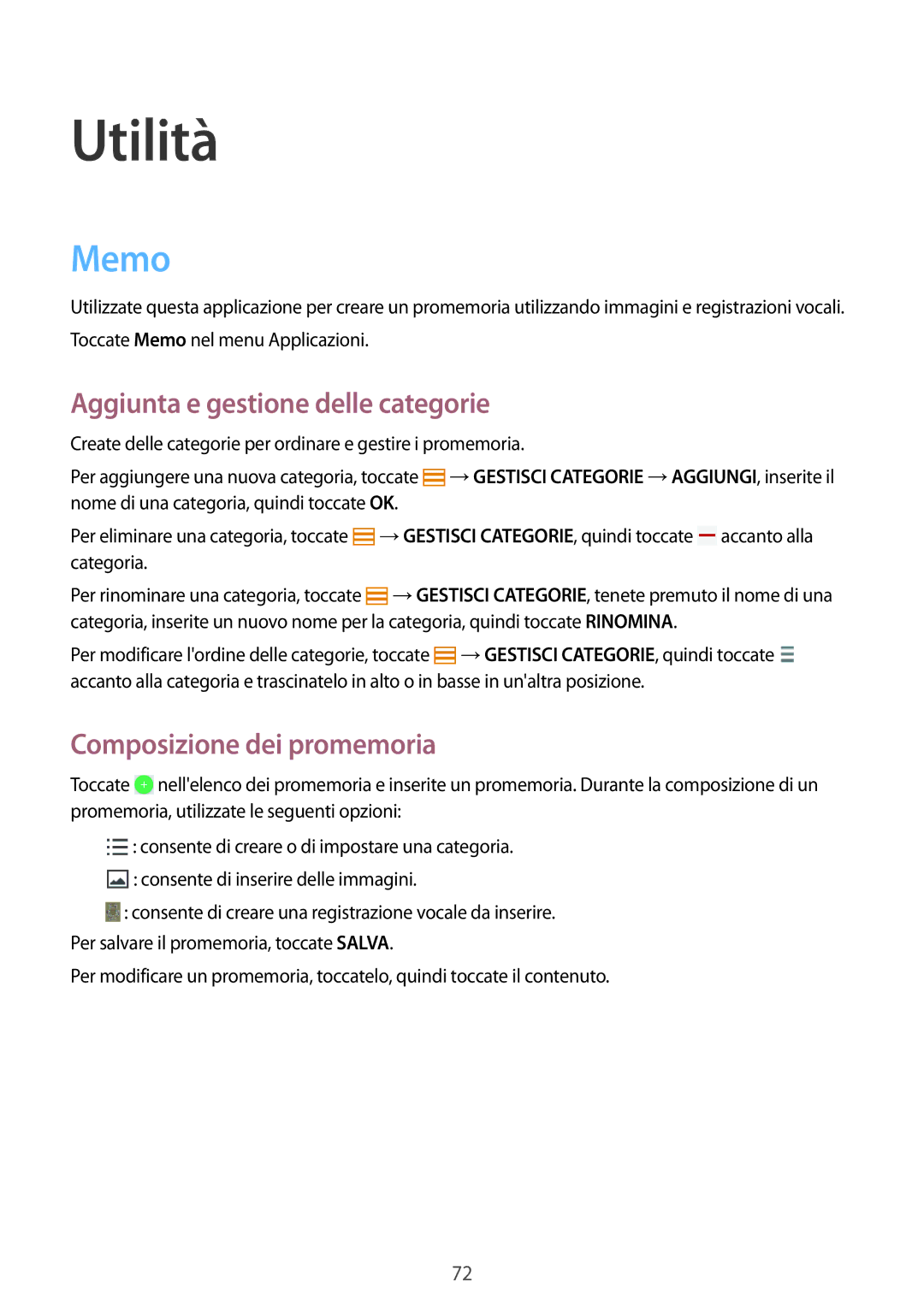 Samsung SM-T360NNGAITV manual Utilità, Memo, Aggiunta e gestione delle categorie, Composizione dei promemoria 