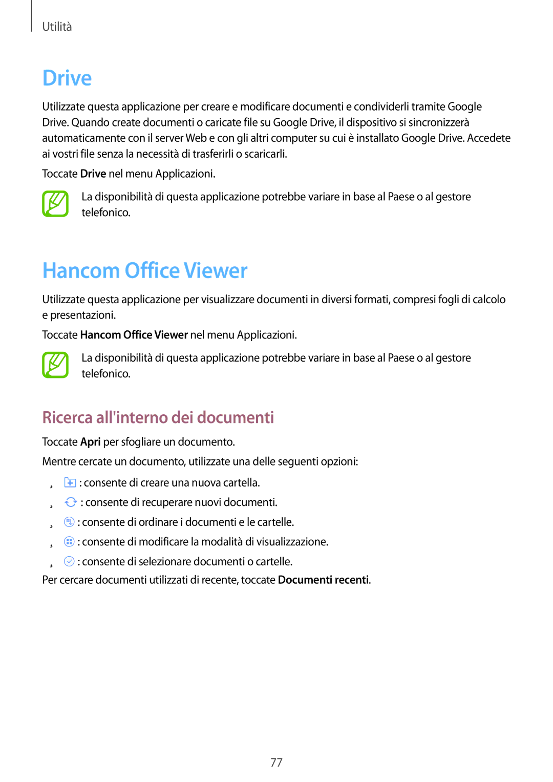 Samsung SM-T360NNGAITV manual Drive, Hancom Office Viewer, Ricerca allinterno dei documenti 