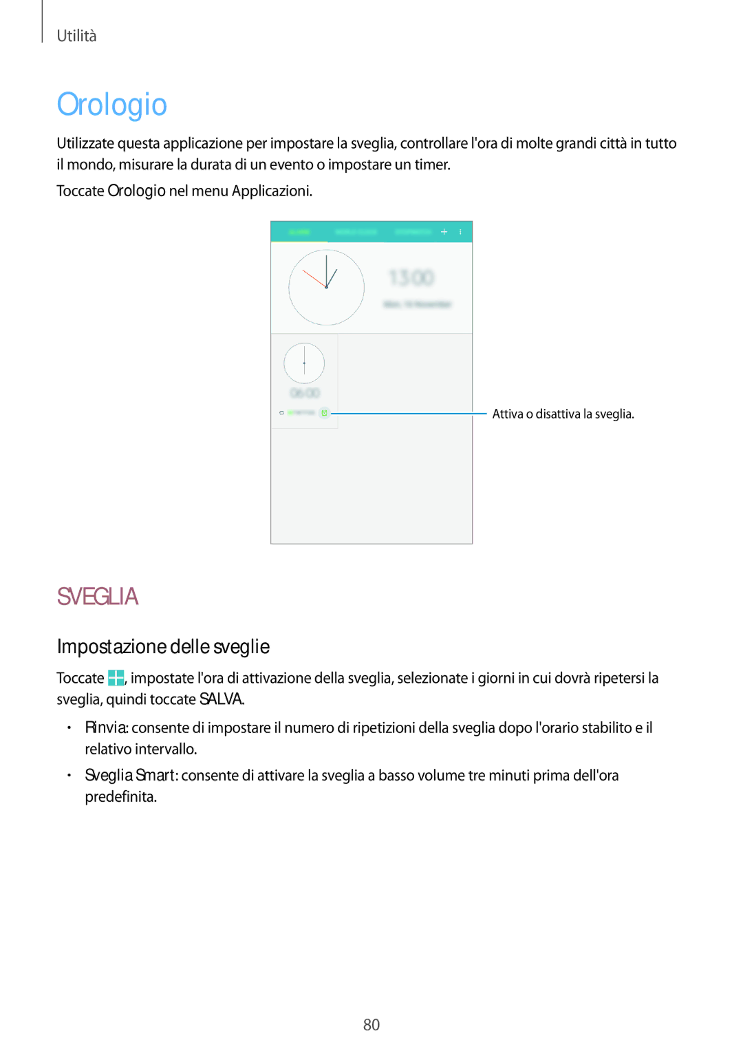 Samsung SM-T360NNGAITV manual Orologio, Impostazione delle sveglie 