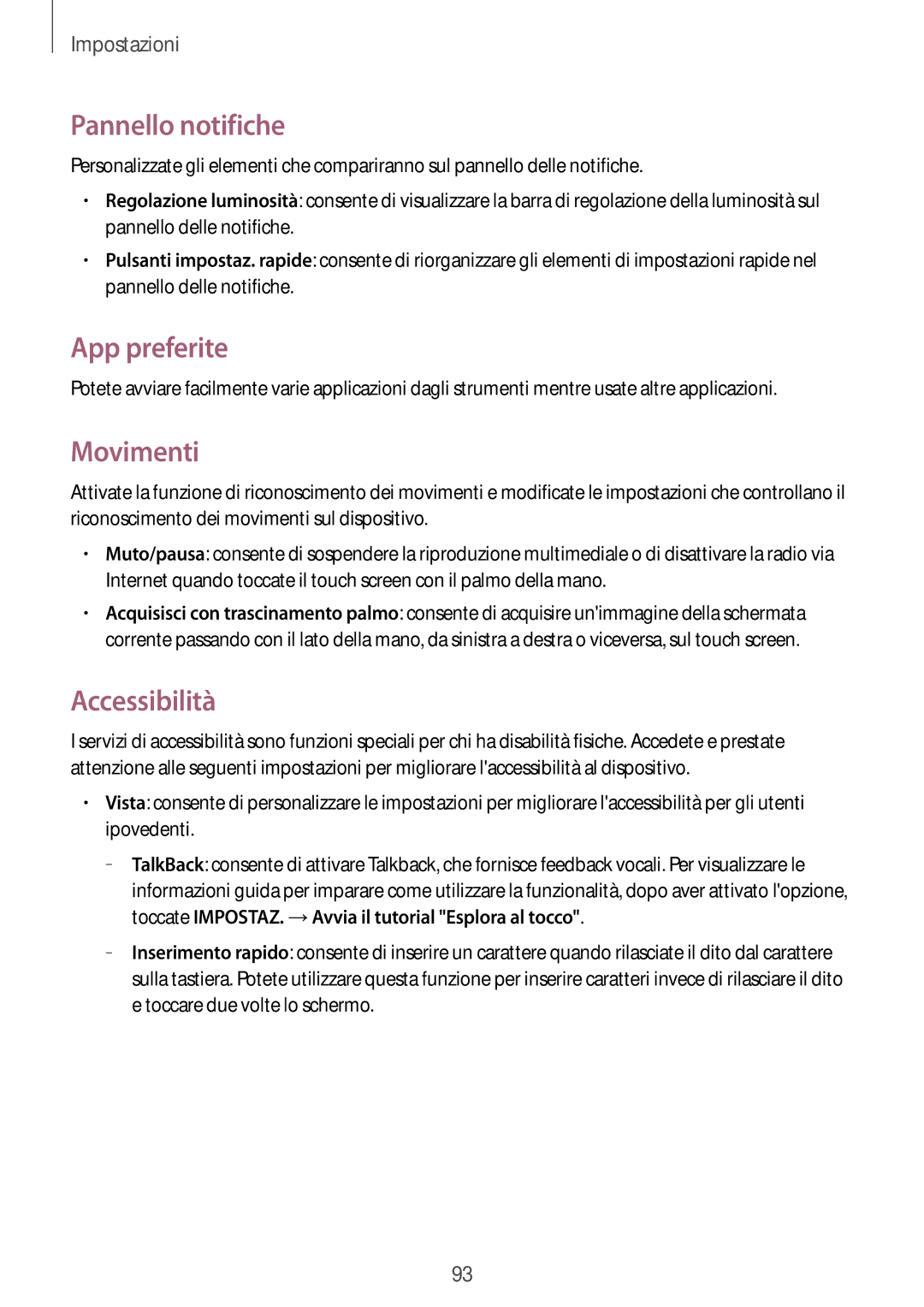 Samsung SM-T360NNGAITV manual Pannello notifiche, App preferite, Movimenti, Accessibilità 