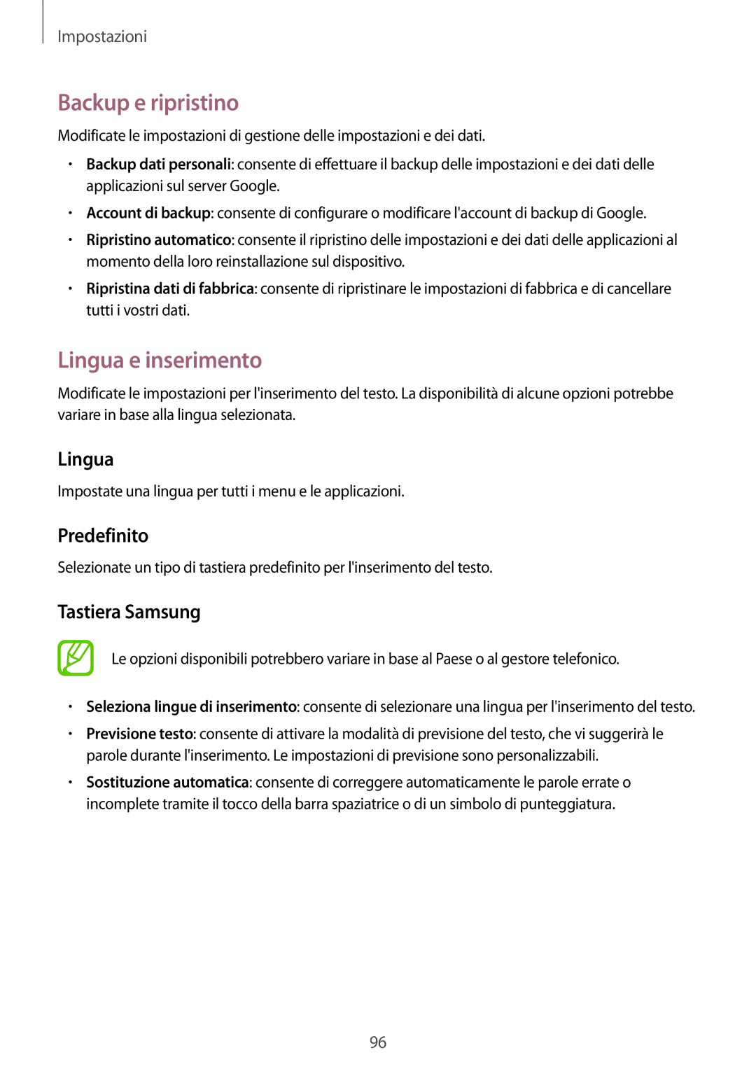 Samsung SM-T360NNGAITV manual Backup e ripristino, Lingua e inserimento, Predefinito, Tastiera Samsung 