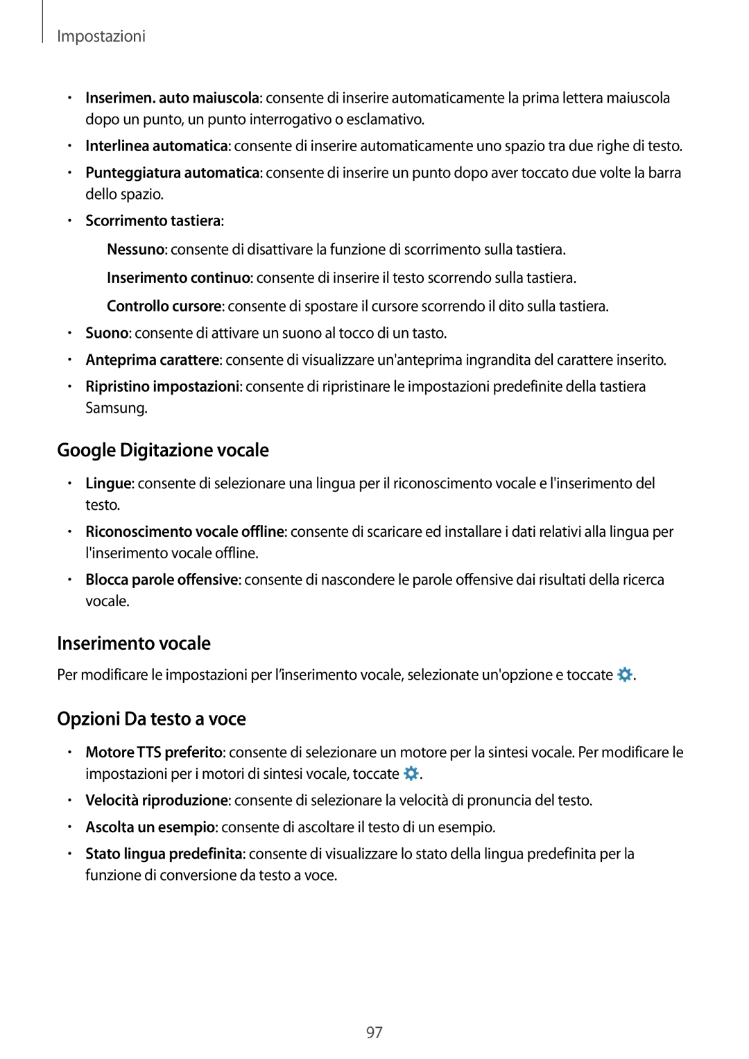 Samsung SM-T360NNGAITV manual Google Digitazione vocale, Inserimento vocale, Opzioni Da testo a voce 