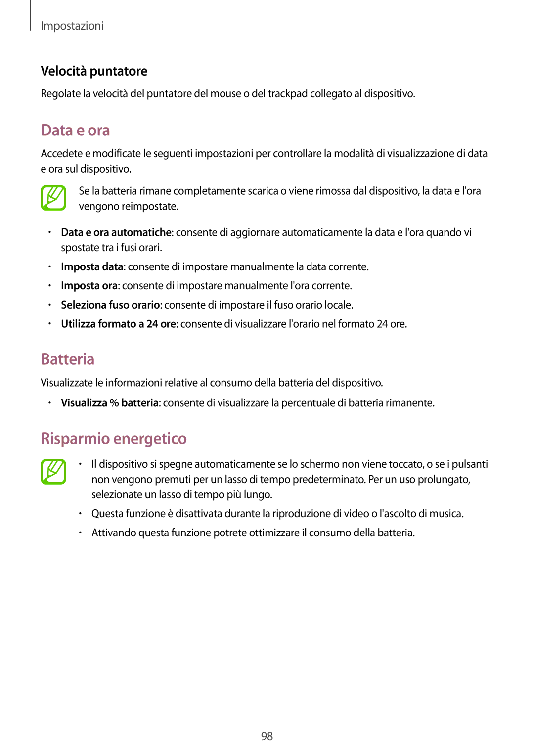 Samsung SM-T360NNGAITV manual Data e ora, Batteria, Risparmio energetico, Velocità puntatore 