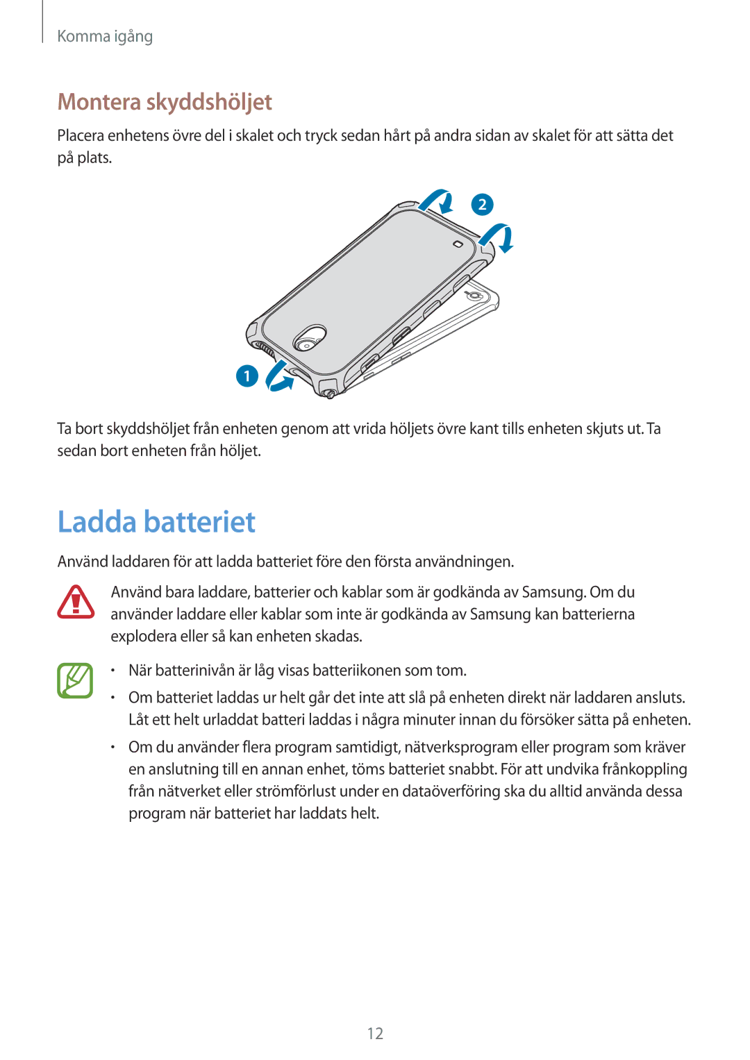 Samsung SM-T360NNGANEE manual Ladda batteriet, Montera skyddshöljet 