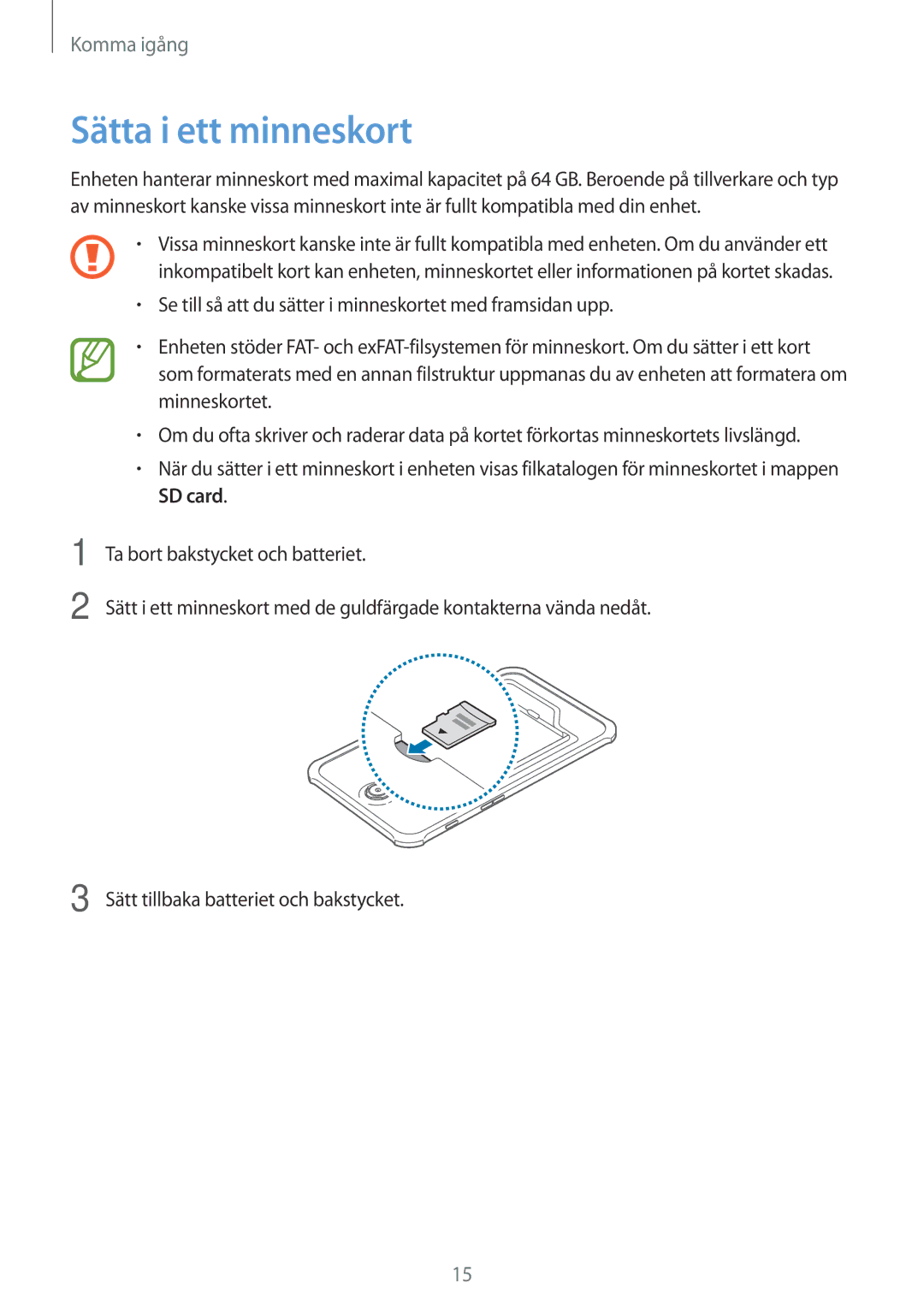 Samsung SM-T360NNGANEE manual Sätta i ett minneskort 