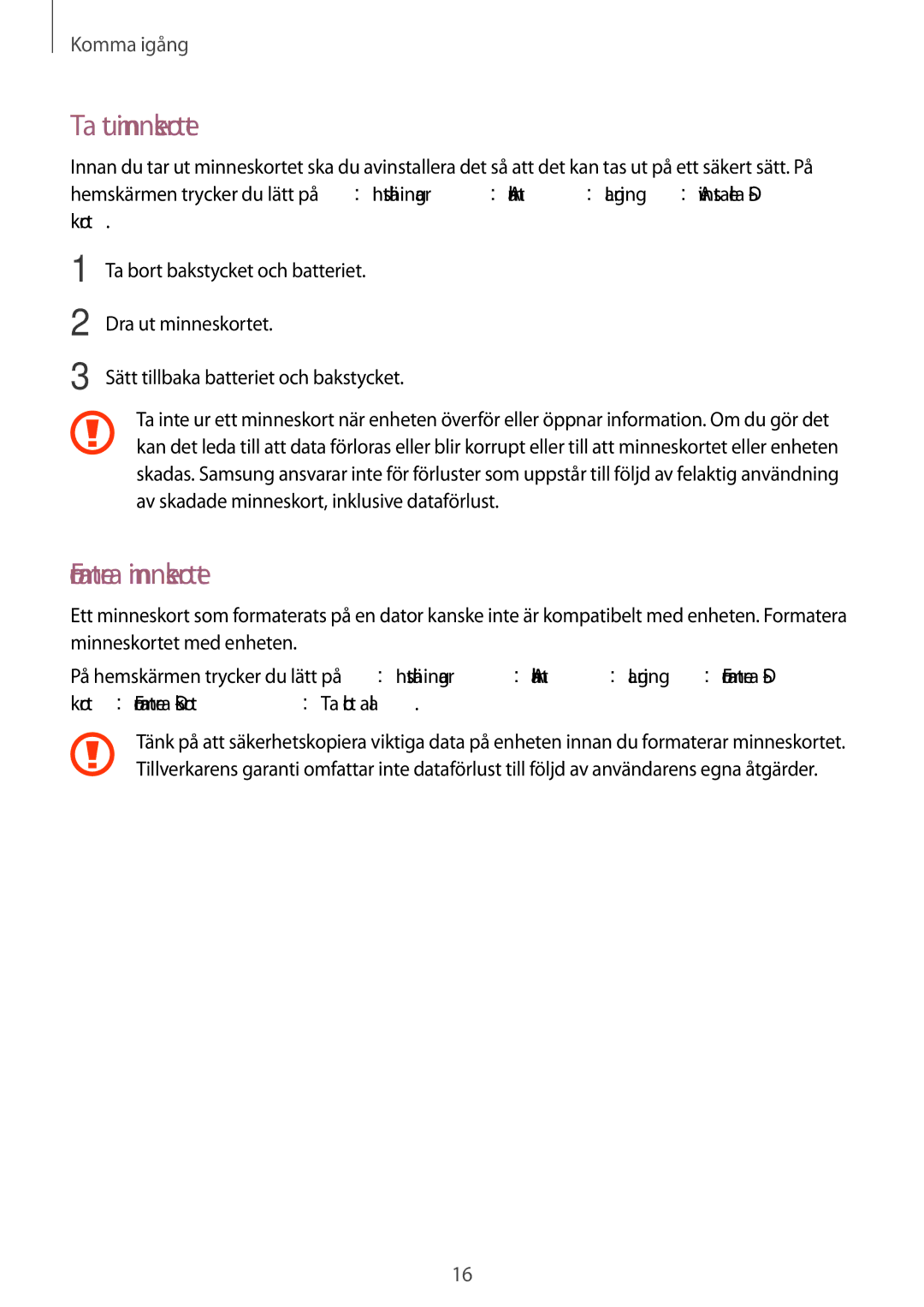 Samsung SM-T360NNGANEE manual Ta ut minneskortet, Formatera minneskortet 