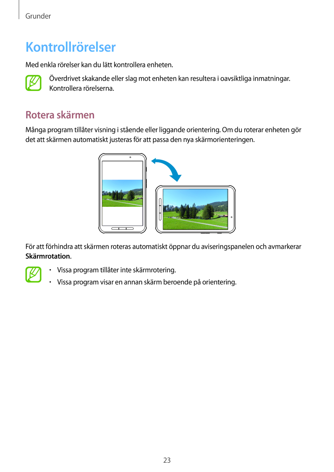 Samsung SM-T360NNGANEE manual Kontrollrörelser, Rotera skärmen 