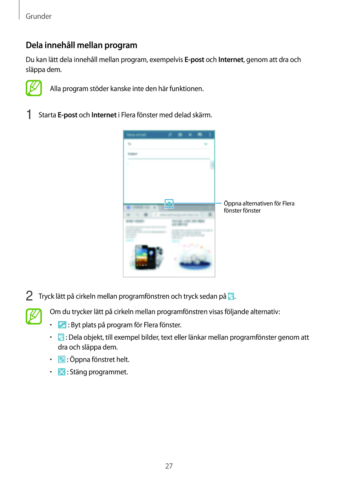 Samsung SM-T360NNGANEE manual Dela innehåll mellan program 