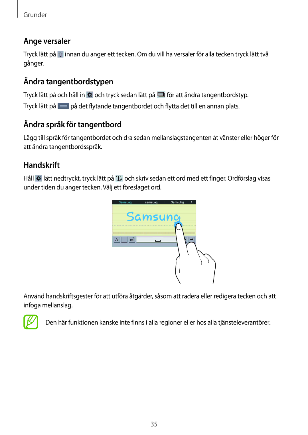 Samsung SM-T360NNGANEE manual Ange versaler, Ändra tangentbordstypen, Ändra språk för tangentbord, Handskrift 
