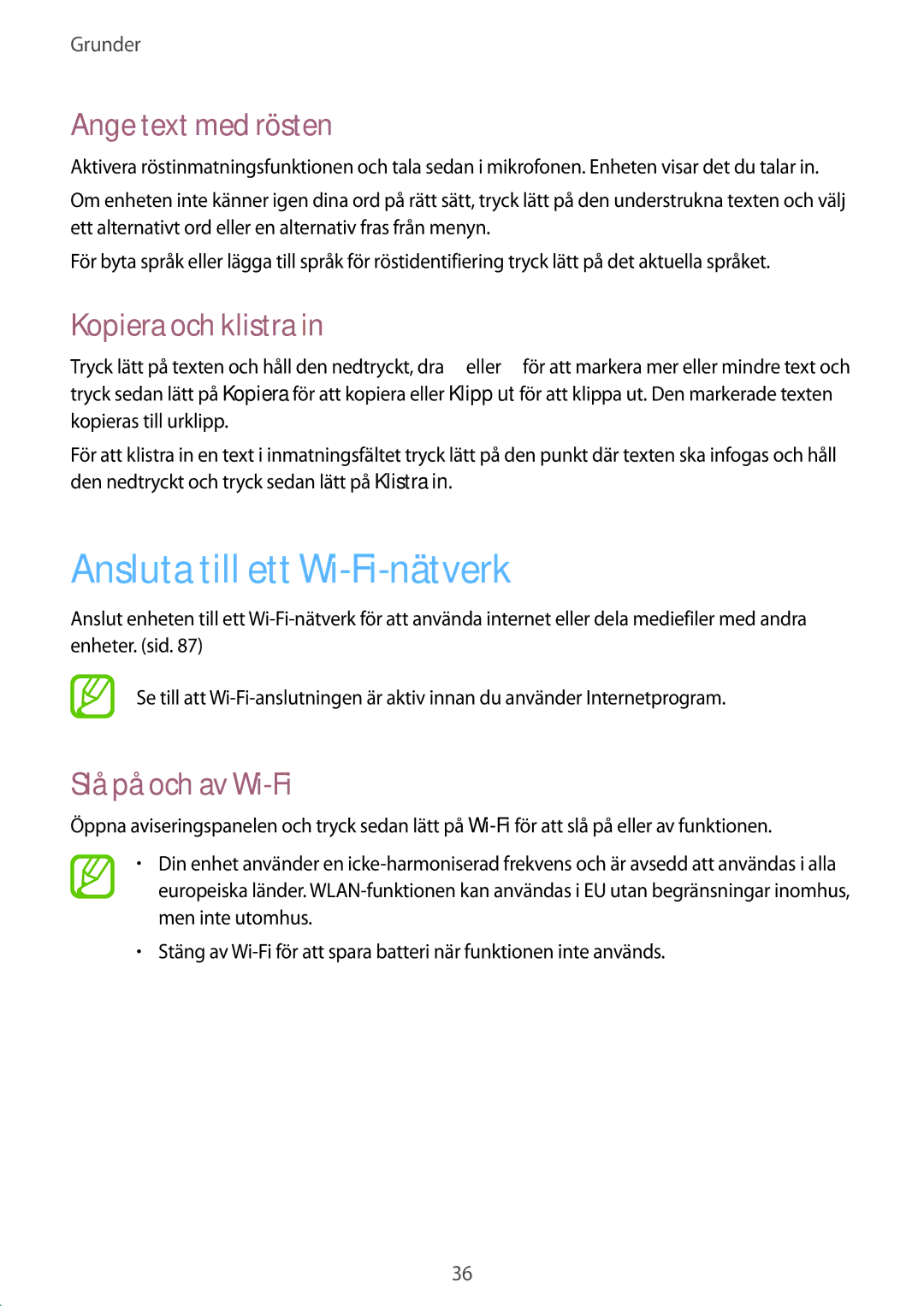 Samsung SM-T360NNGANEE Ansluta till ett Wi-Fi-nätverk, Ange text med rösten, Kopiera och klistra, Slå på och av Wi-Fi 