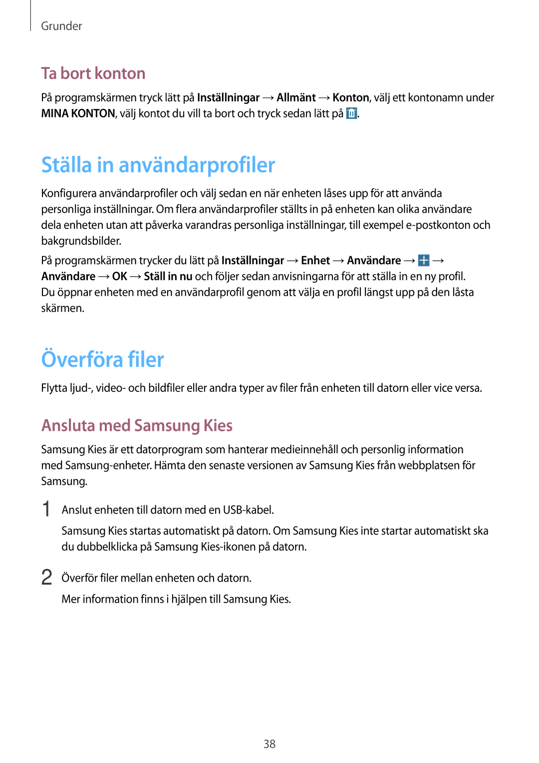 Samsung SM-T360NNGANEE manual Ställa in användarprofiler, Överföra filer, Ta bort konton, Ansluta med Samsung Kies 