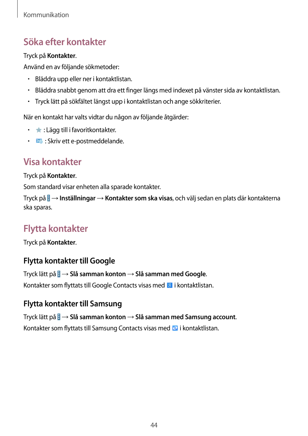 Samsung SM-T360NNGANEE manual Söka efter kontakter, Visa kontakter, Flytta kontakter till Google 