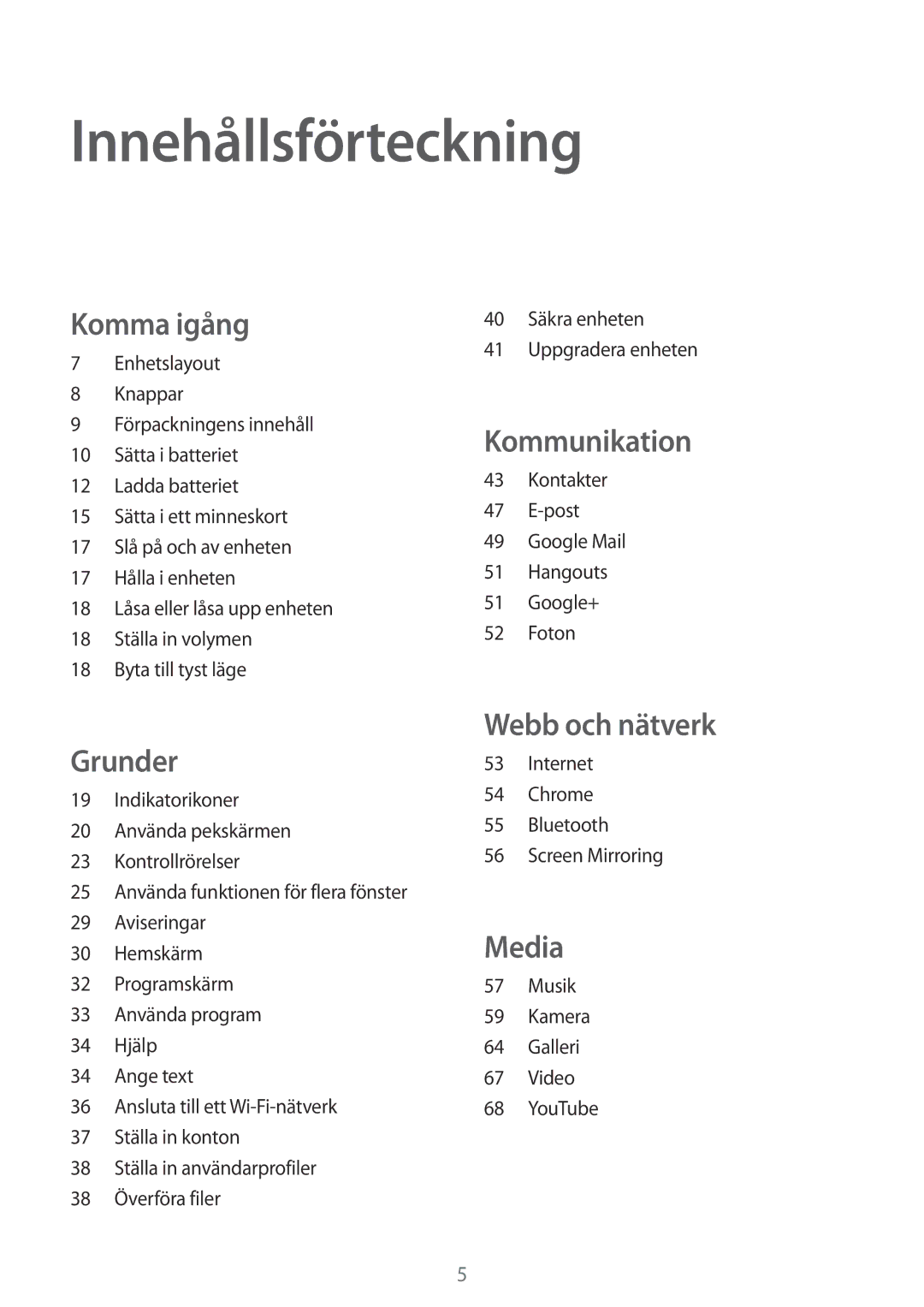 Samsung SM-T360NNGANEE manual Innehållsförteckning, Komma igång 