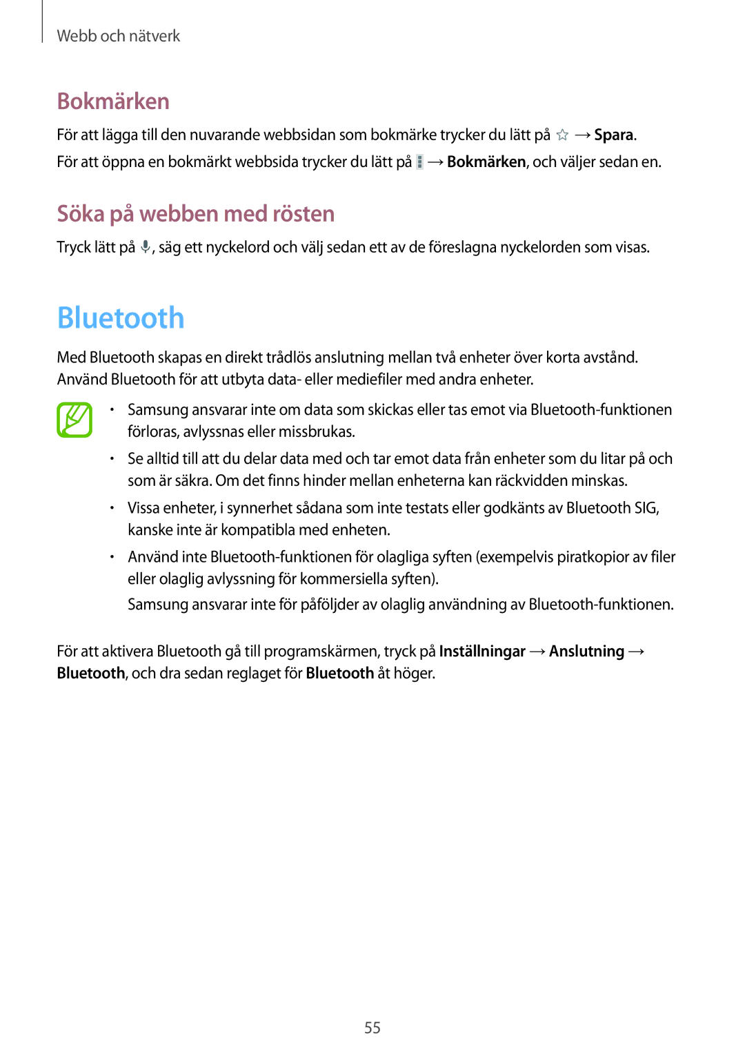 Samsung SM-T360NNGANEE manual Bluetooth 