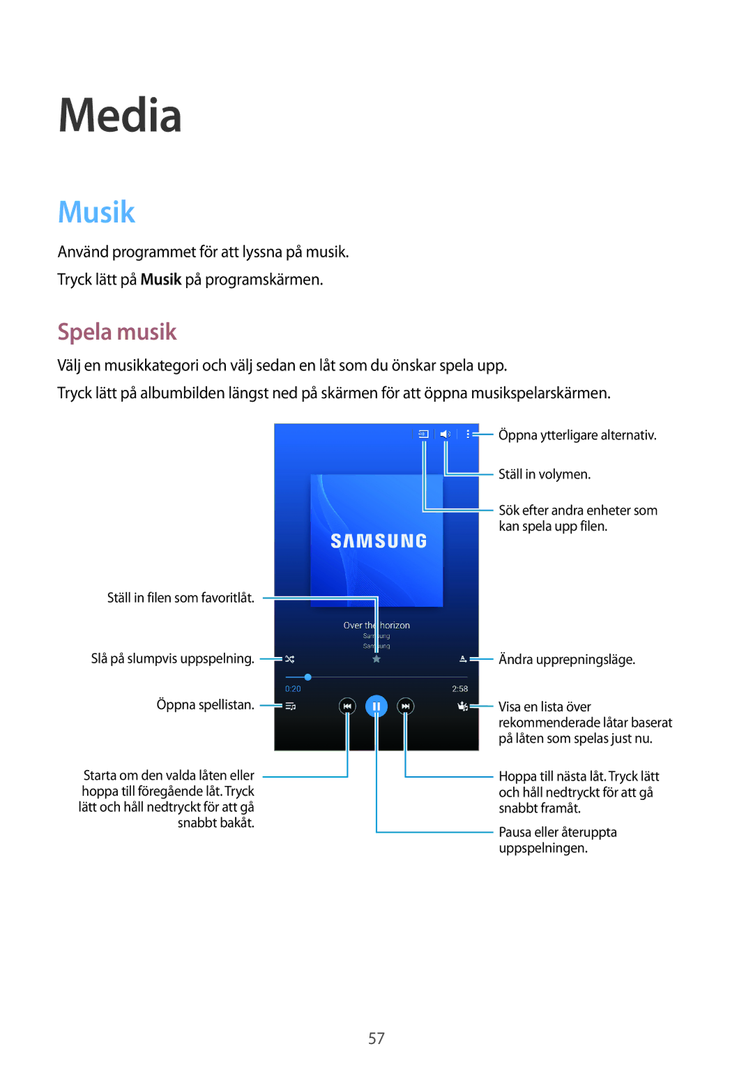 Samsung SM-T360NNGANEE manual Media, Musik, Spela musik 