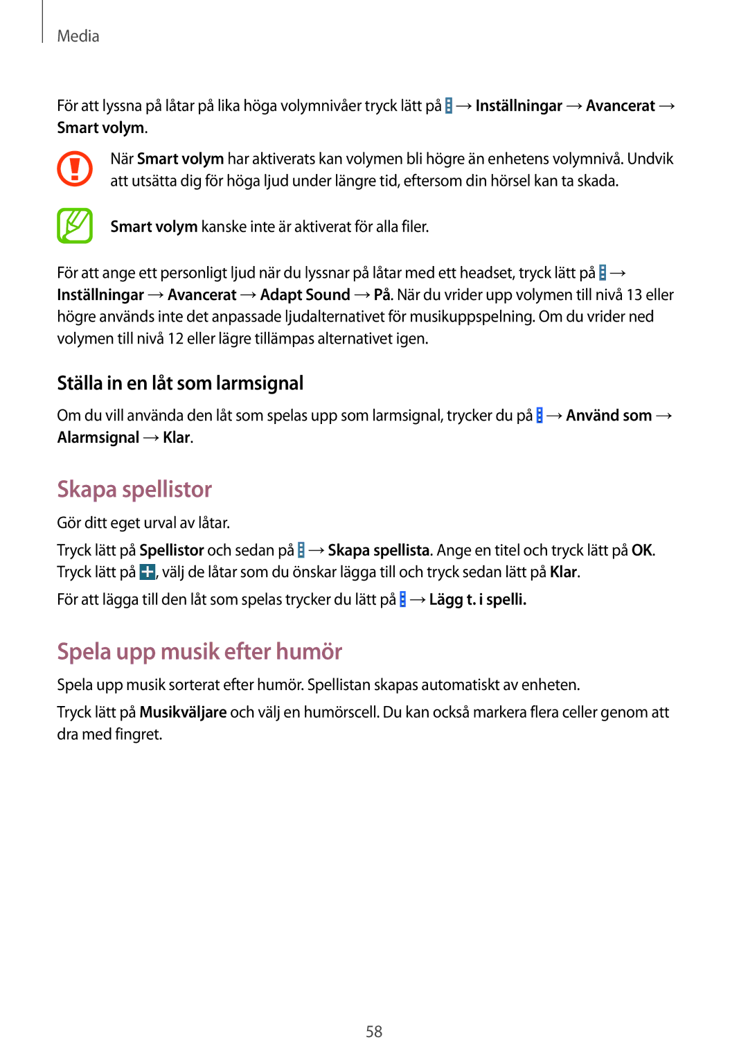 Samsung SM-T360NNGANEE manual Skapa spellistor, Spela upp musik efter humör, Ställa in en låt som larmsignal 