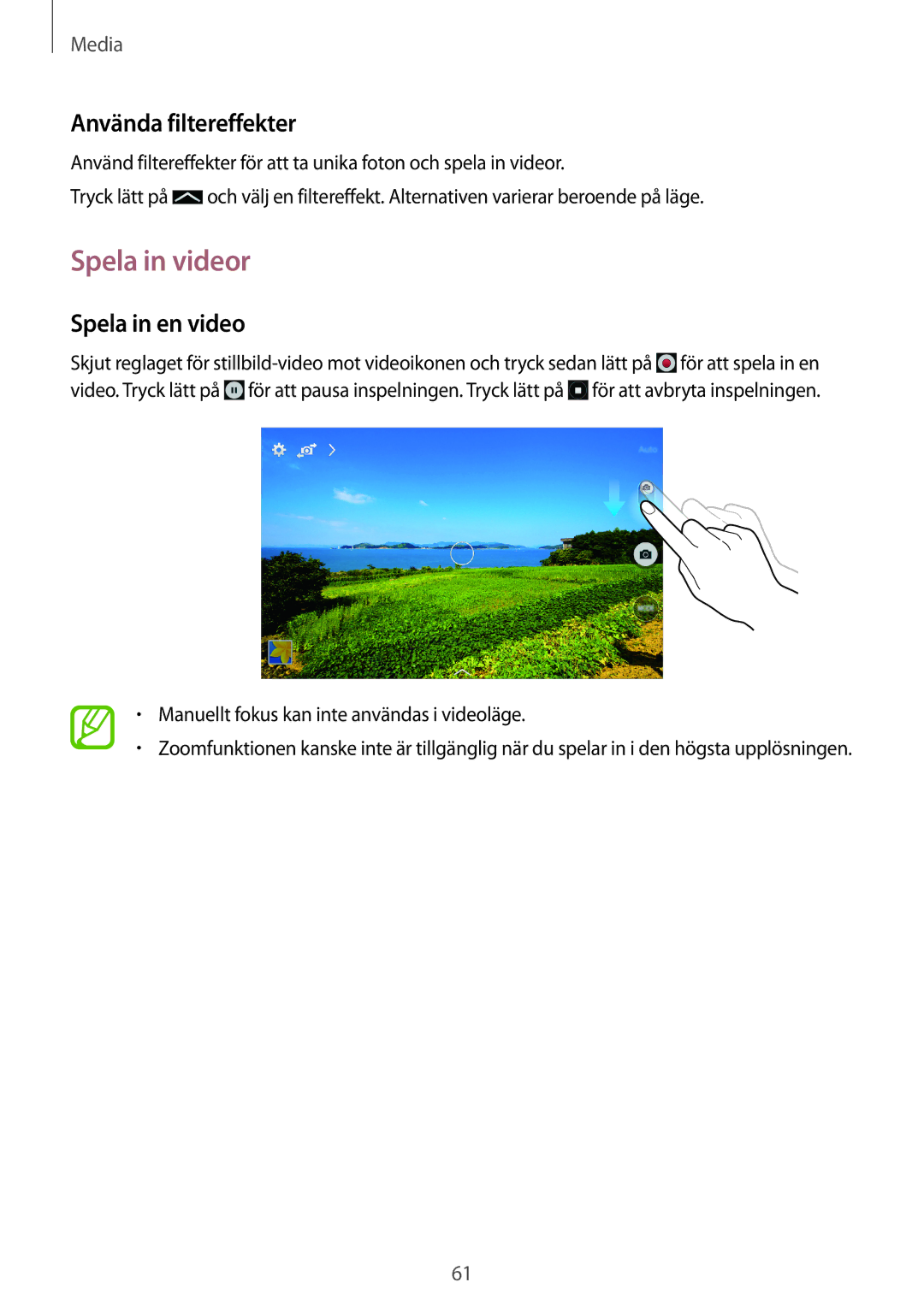 Samsung SM-T360NNGANEE manual Spela in videor, Använda filtereffekter, Spela in en video 