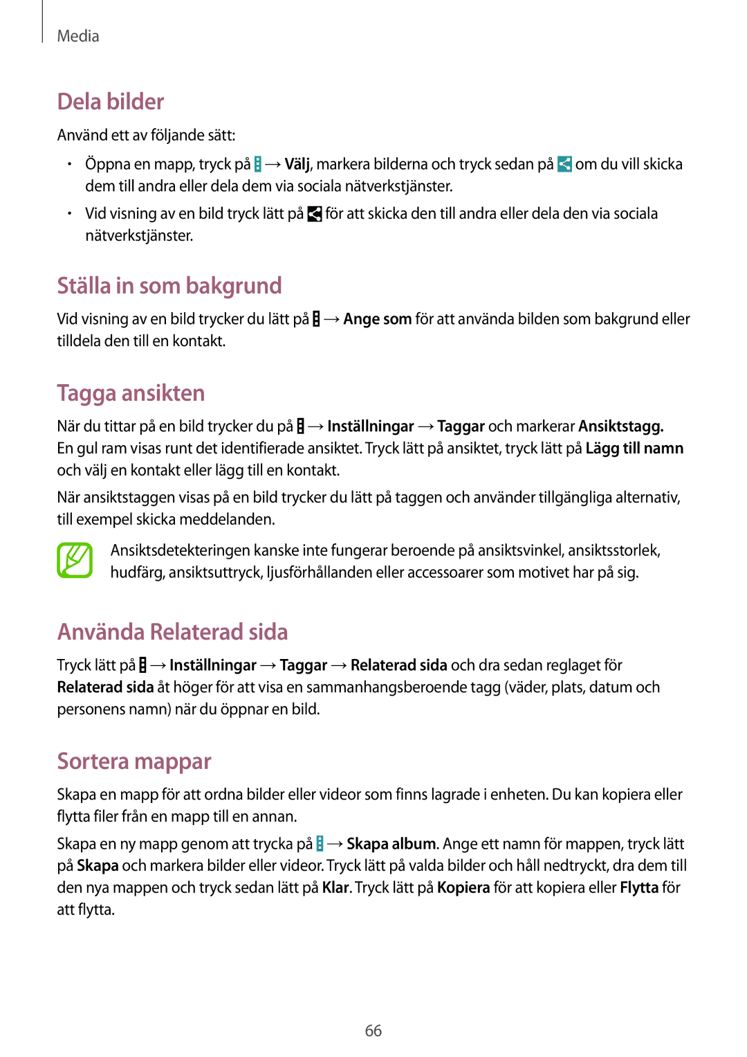 Samsung SM-T360NNGANEE manual Dela bilder, Ställa in som bakgrund, Tagga ansikten, Använda Relaterad sida 