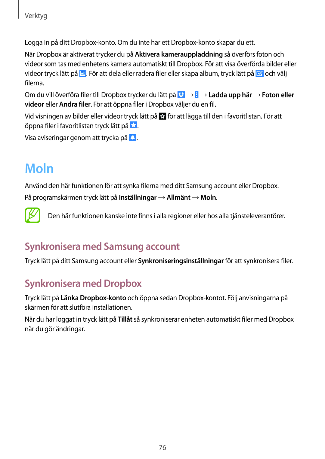 Samsung SM-T360NNGANEE manual Moln, Synkronisera med Samsung account, Synkronisera med Dropbox 