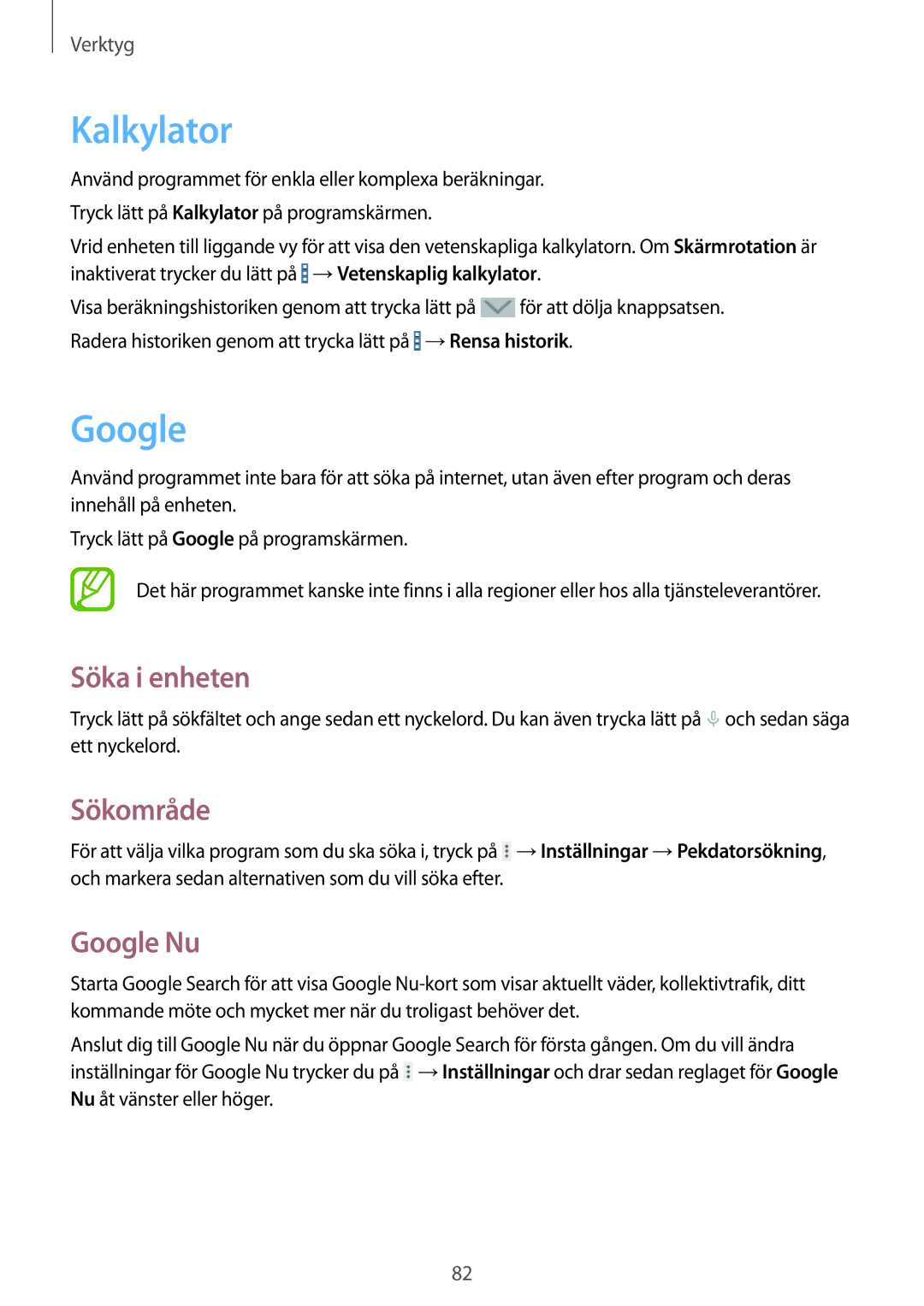 Samsung SM-T360NNGANEE manual Kalkylator, Söka i enheten, Sökområde, Google Nu 