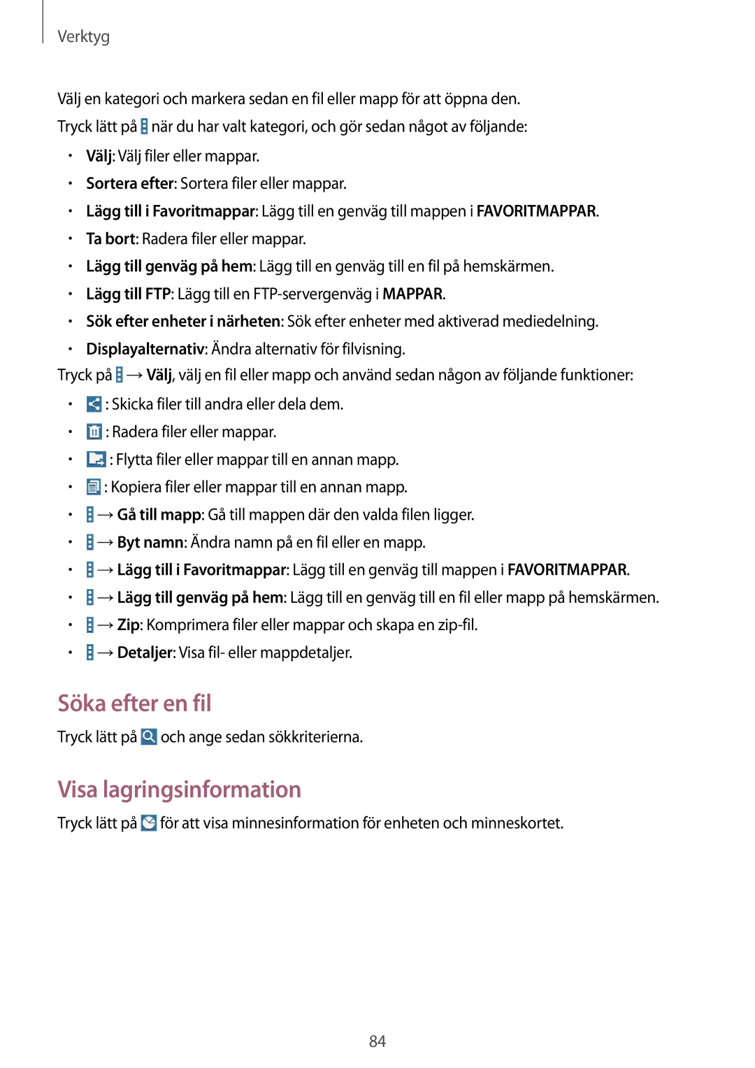 Samsung SM-T360NNGANEE manual Söka efter en fil, Visa lagringsinformation 