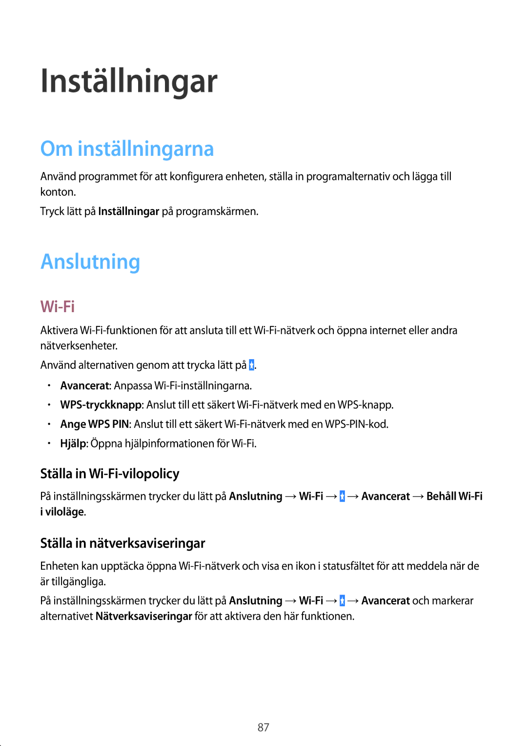 Samsung SM-T360NNGANEE manual Inställningar, Om inställningarna, Anslutning, Wi-Fi 