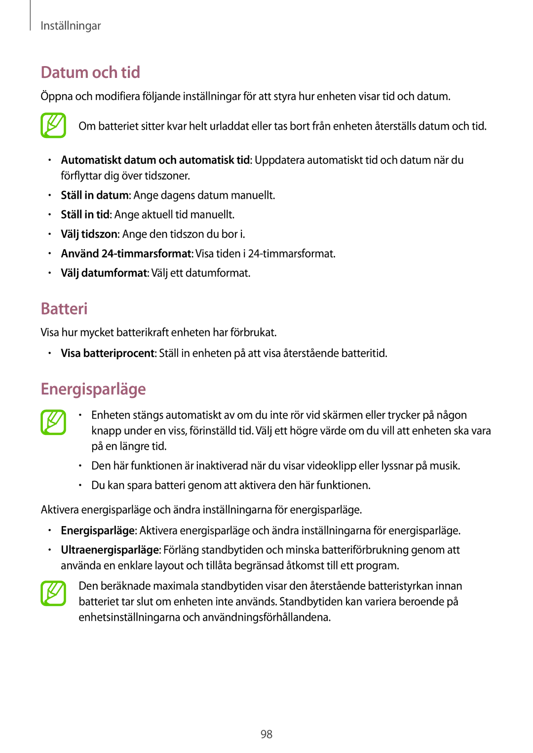 Samsung SM-T360NNGANEE manual Datum och tid, Batteri, Energisparläge 