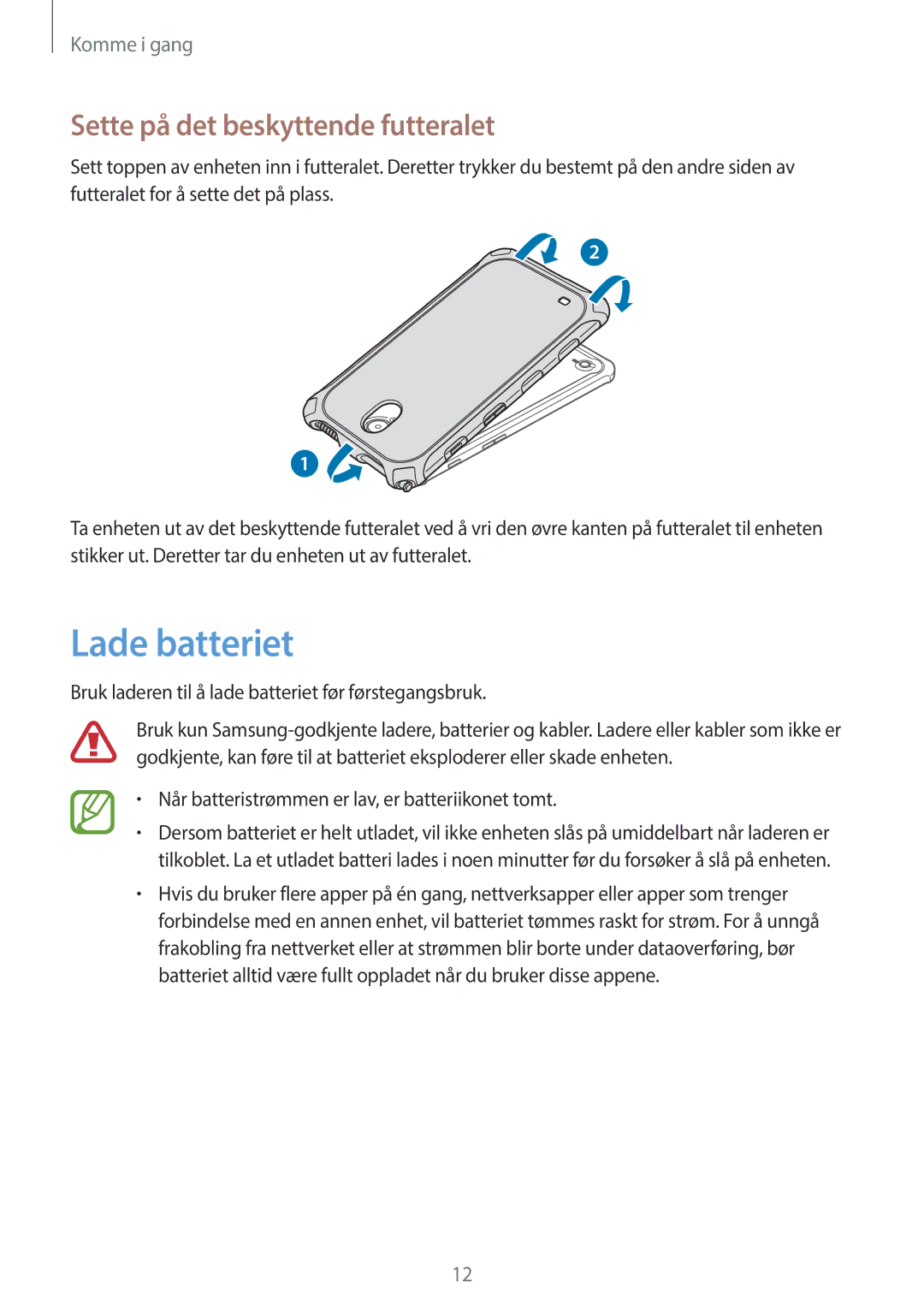 Samsung SM-T360NNGANEE manual Lade batteriet, Sette på det beskyttende futteralet 