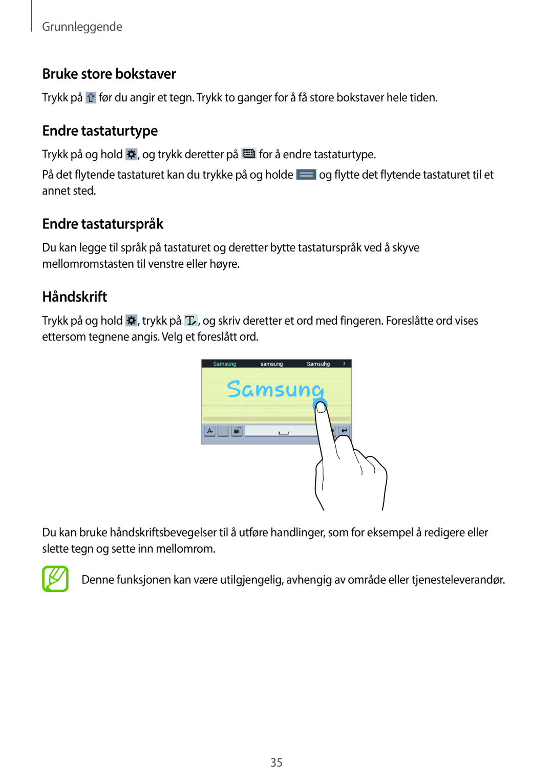 Samsung SM-T360NNGANEE manual Bruke store bokstaver, Endre tastaturtype, Endre tastaturspråk, Håndskrift 