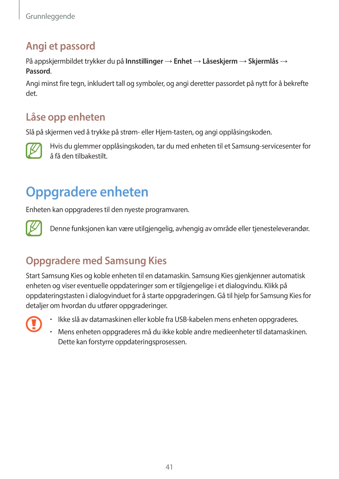 Samsung SM-T360NNGANEE manual Oppgradere enheten, Angi et passord, Låse opp enheten, Oppgradere med Samsung Kies 