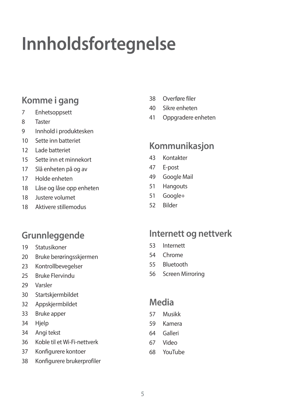 Samsung SM-T360NNGANEE manual Innholdsfortegnelse, Komme i gang 