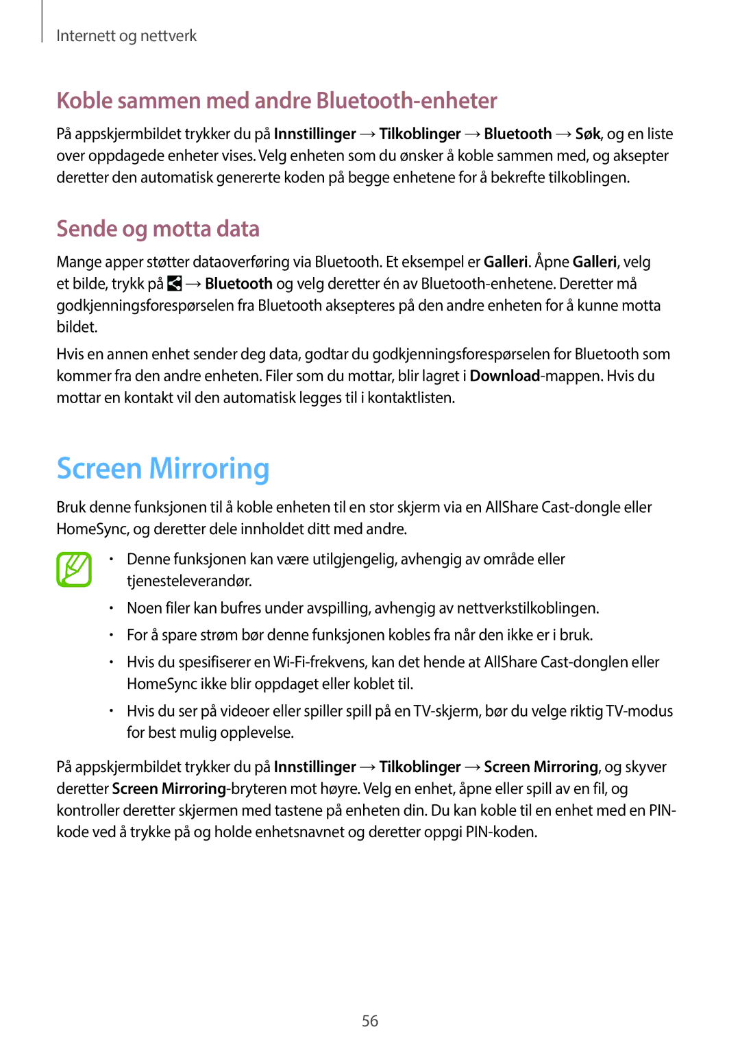 Samsung SM-T360NNGANEE manual Screen Mirroring, Koble sammen med andre Bluetooth-enheter, Sende og motta data 