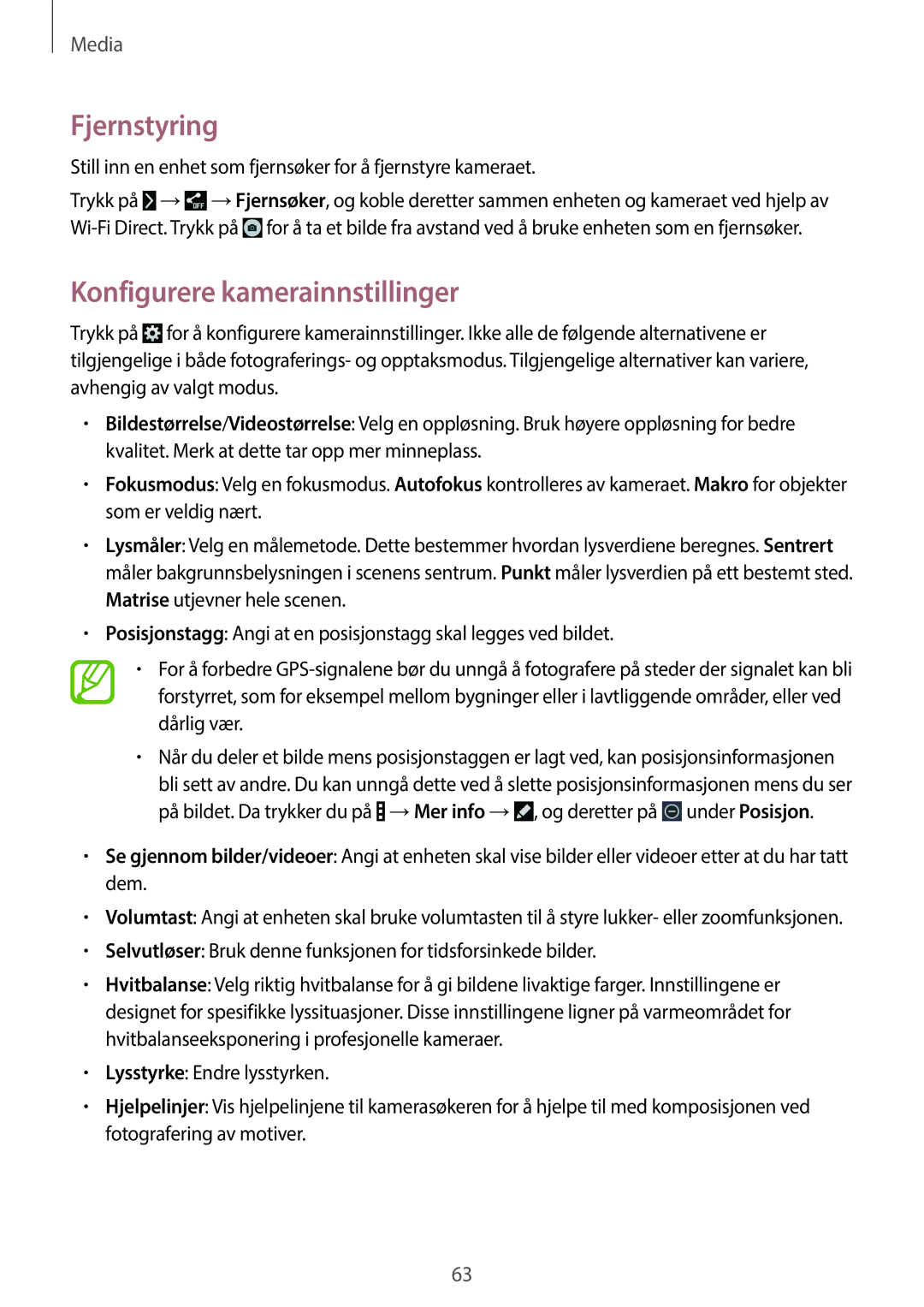 Samsung SM-T360NNGANEE manual Fjernstyring, Konfigurere kamerainnstillinger 