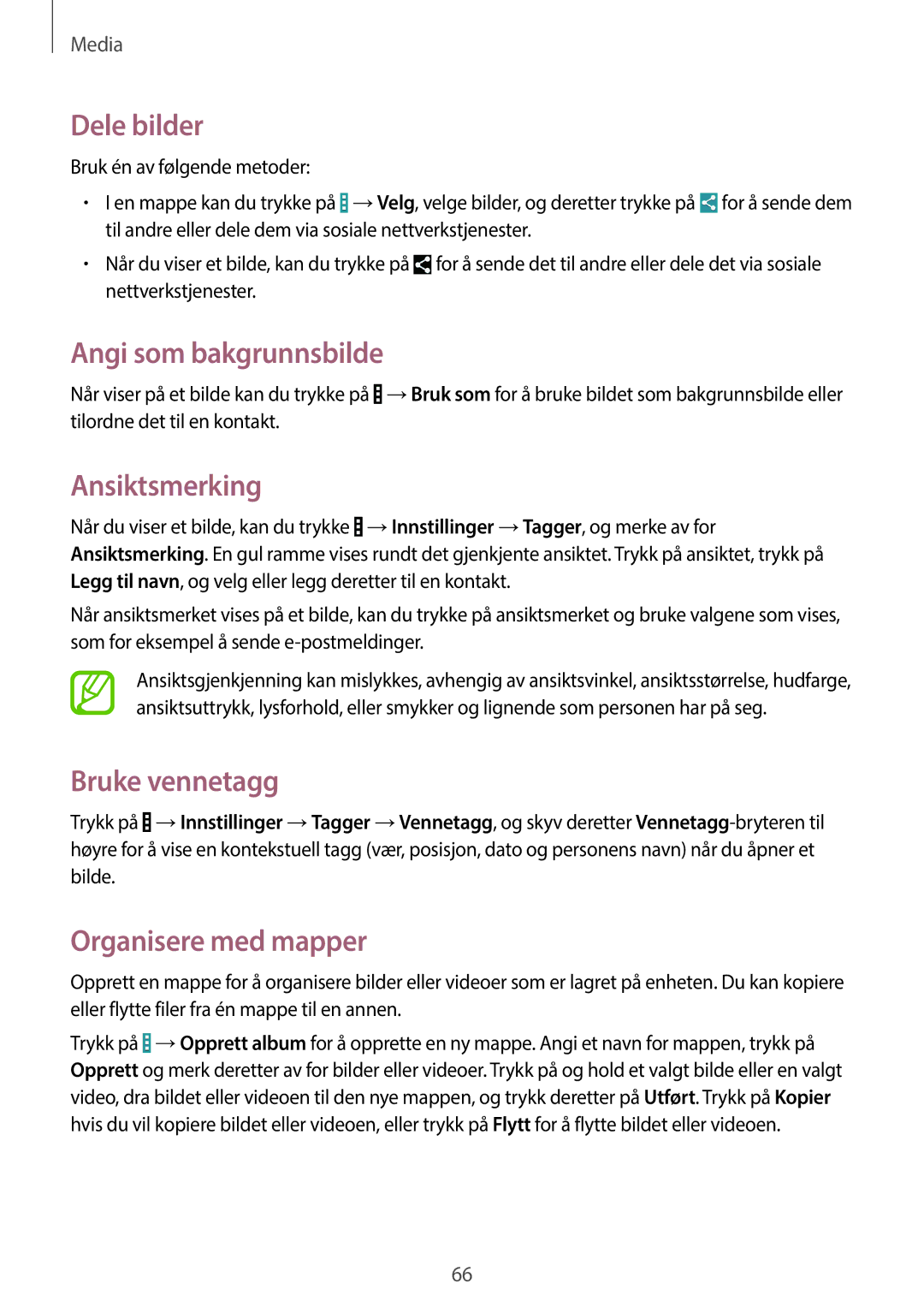 Samsung SM-T360NNGANEE manual Dele bilder, Angi som bakgrunnsbilde, Ansiktsmerking, Bruke vennetagg 