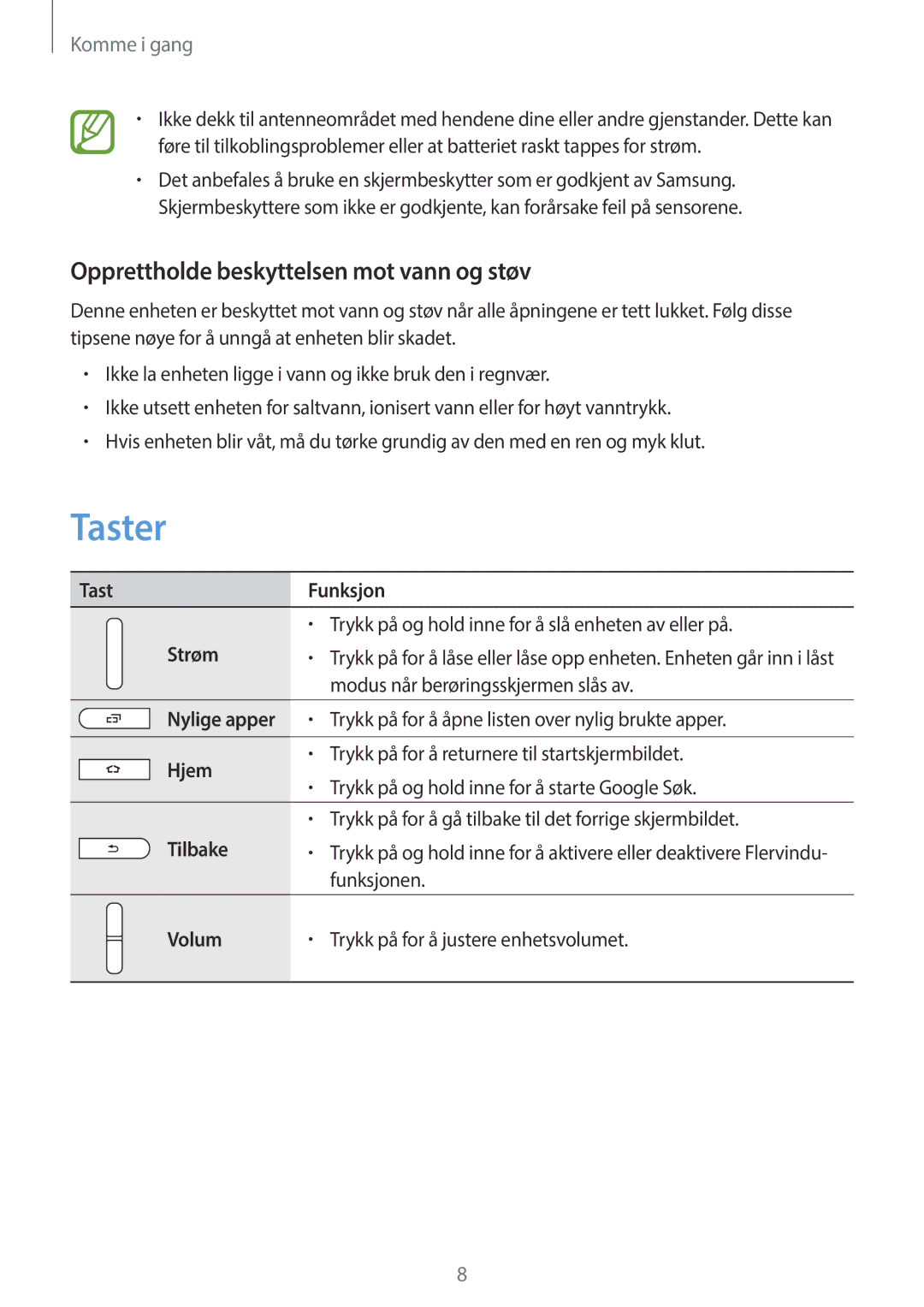 Samsung SM-T360NNGANEE manual Taster, Opprettholde beskyttelsen mot vann og støv 