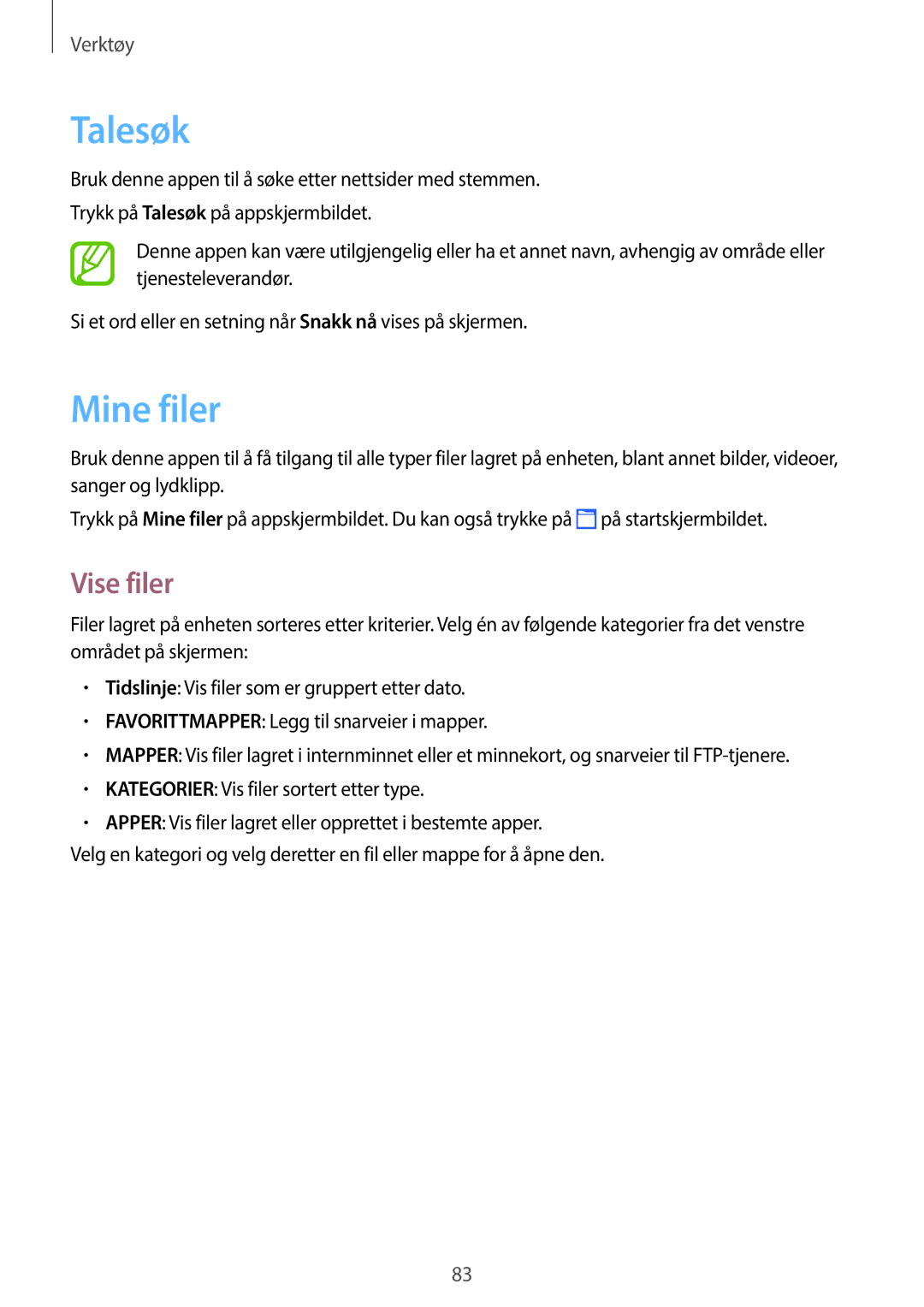 Samsung SM-T360NNGANEE manual Talesøk, Mine filer, Vise filer 