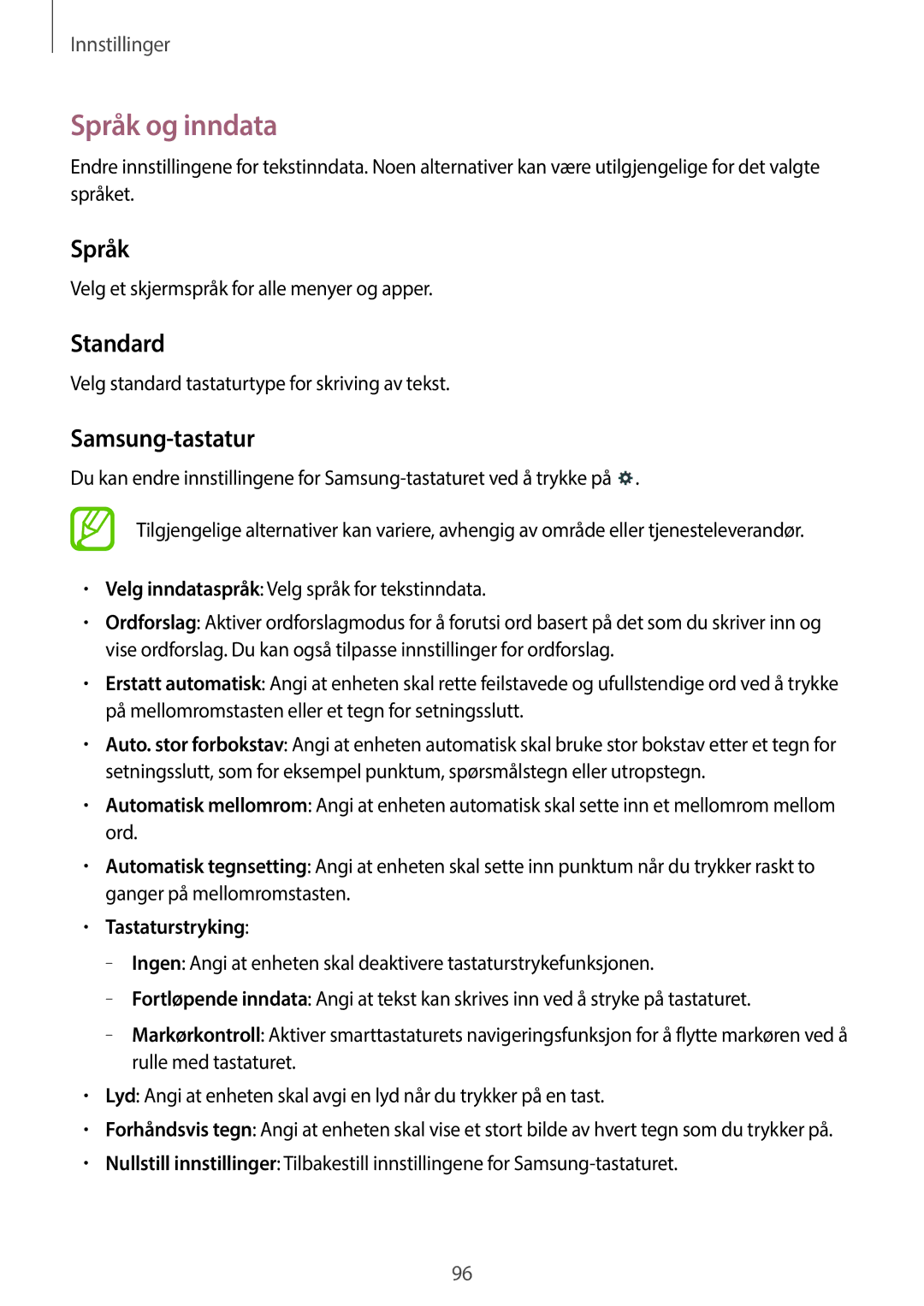 Samsung SM-T360NNGANEE manual Språk og inndata, Standard, Samsung-tastatur, Tastaturstryking 