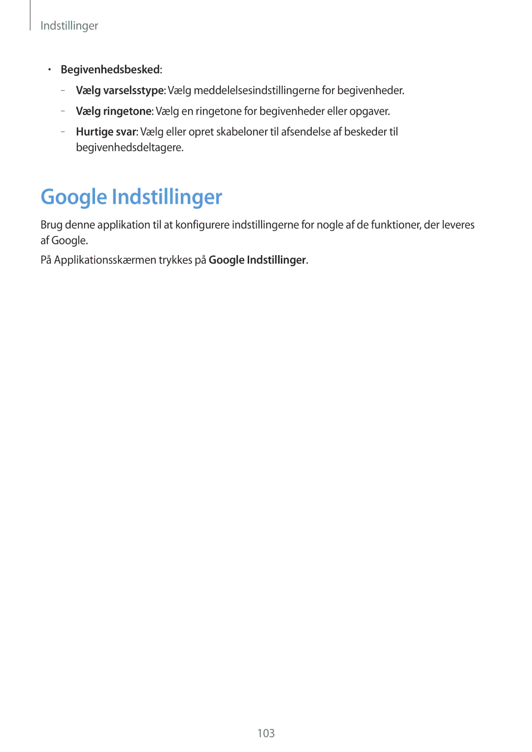 Samsung SM-T360NNGANEE manual Google Indstillinger, Begivenhedsbesked 