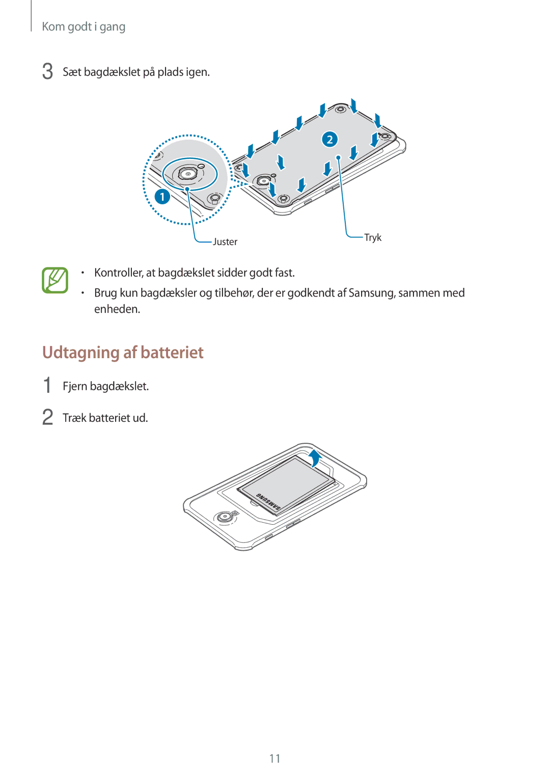 Samsung SM-T360NNGANEE manual Udtagning af batteriet 