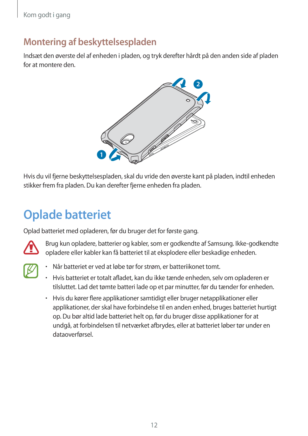 Samsung SM-T360NNGANEE manual Oplade batteriet, Montering af beskyttelsespladen 