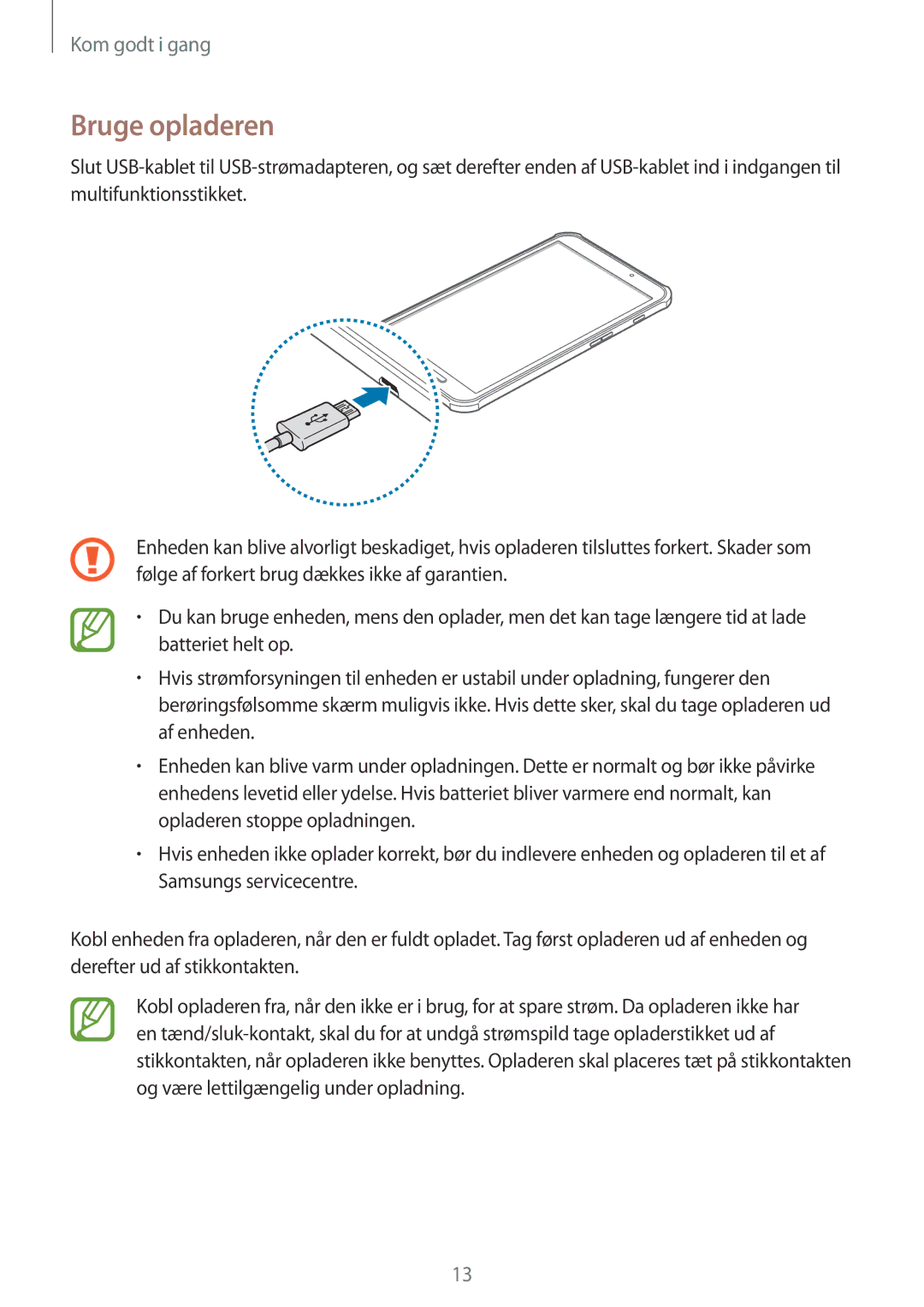 Samsung SM-T360NNGANEE manual Bruge opladeren 