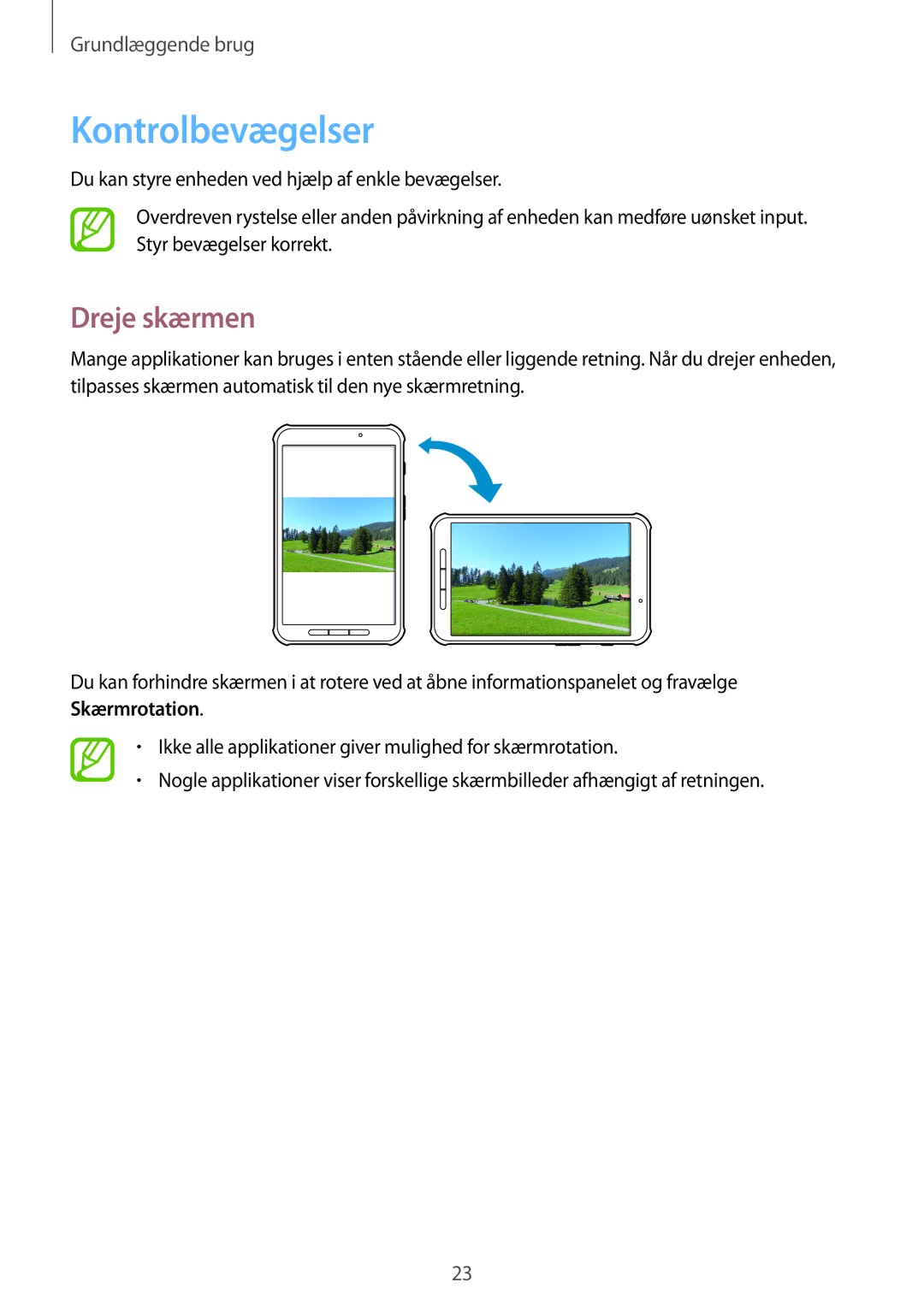 Samsung SM-T360NNGANEE manual Kontrolbevægelser, Dreje skærmen 