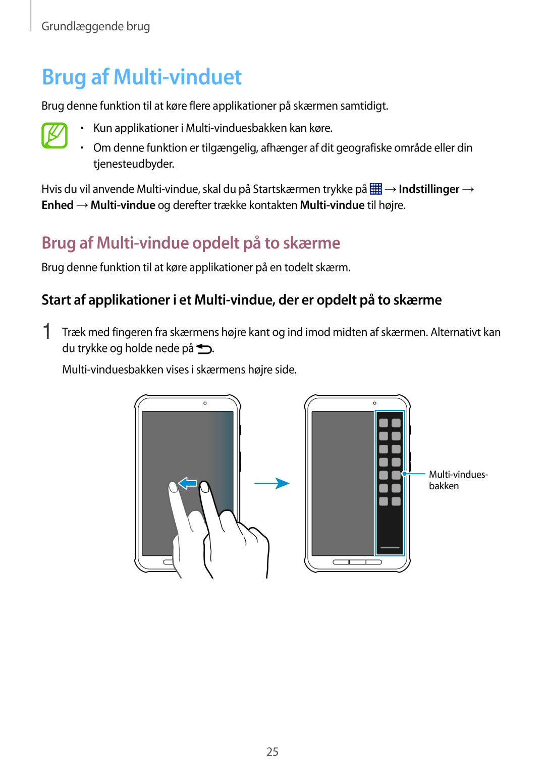 Samsung SM-T360NNGANEE manual Brug af Multi-vinduet, Brug af Multi-vindue opdelt på to skærme 