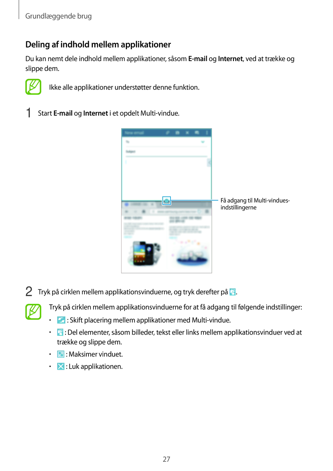 Samsung SM-T360NNGANEE manual Deling af indhold mellem applikationer 