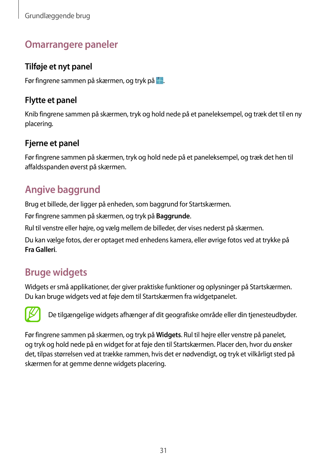 Samsung SM-T360NNGANEE manual Omarrangere paneler, Angive baggrund, Bruge widgets 