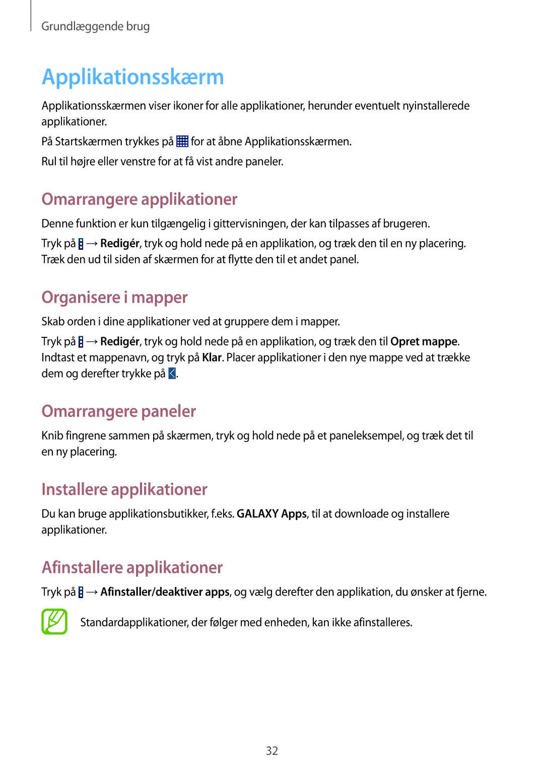 Samsung SM-T360NNGANEE manual Applikationsskærm, Omarrangere applikationer, Organisere i mapper, Installere applikationer 