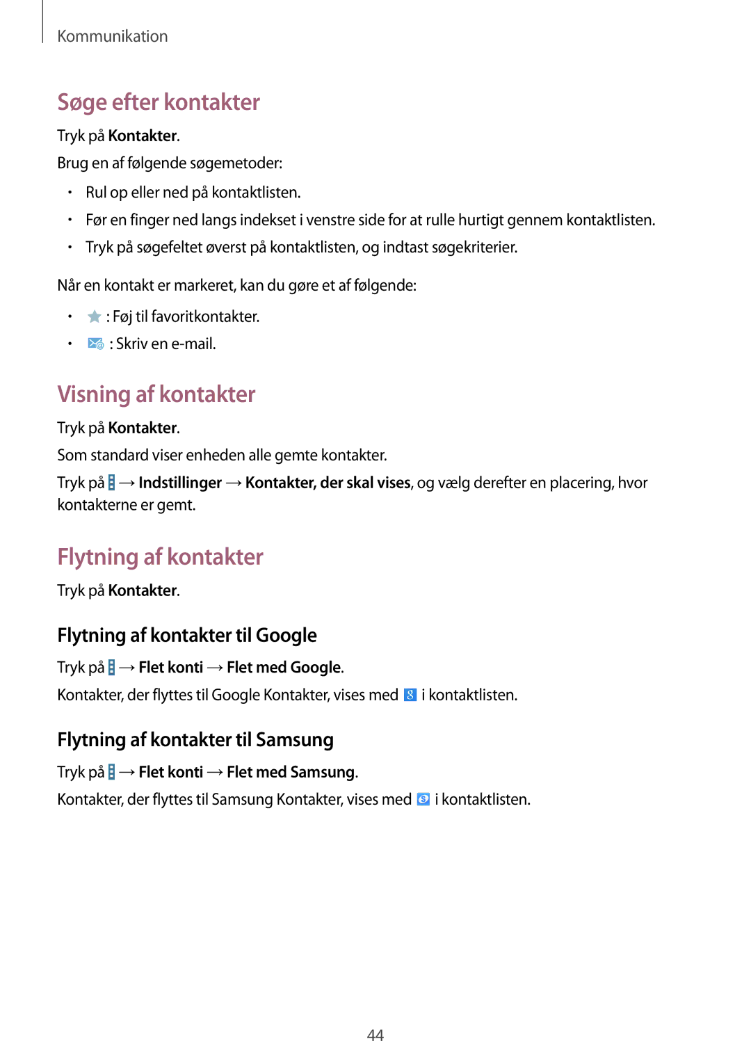 Samsung SM-T360NNGANEE manual Søge efter kontakter, Visning af kontakter, Flytning af kontakter til Google 